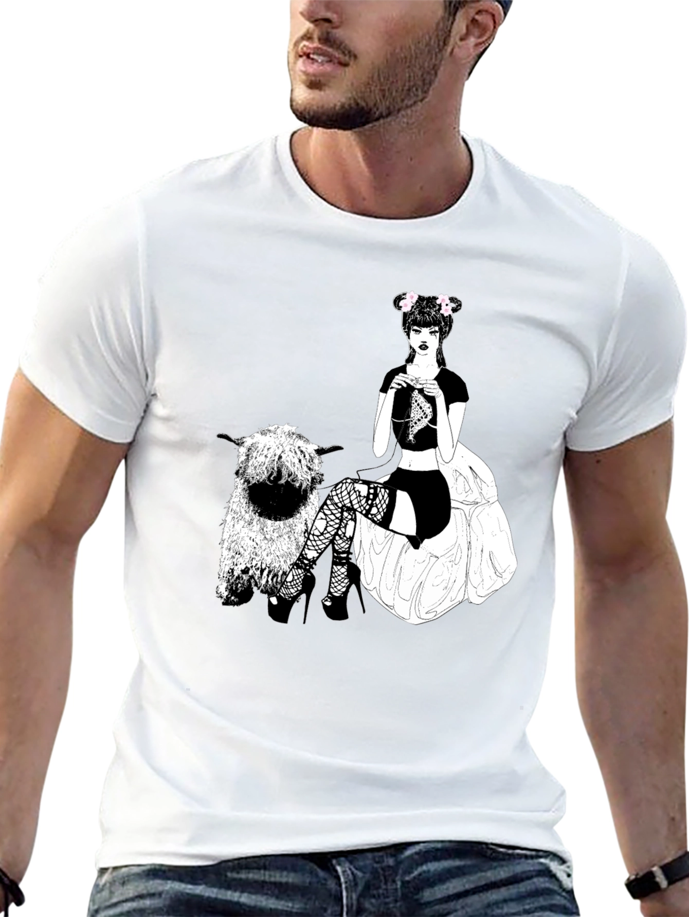 Gothic Girl Knitting Tee - Quirky Sheep Graphic T-Shirt