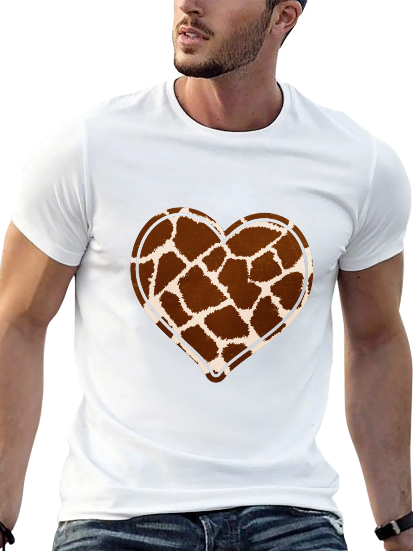 Giraffe Print Heart Graphic Tee - Trendy Casual Shirt