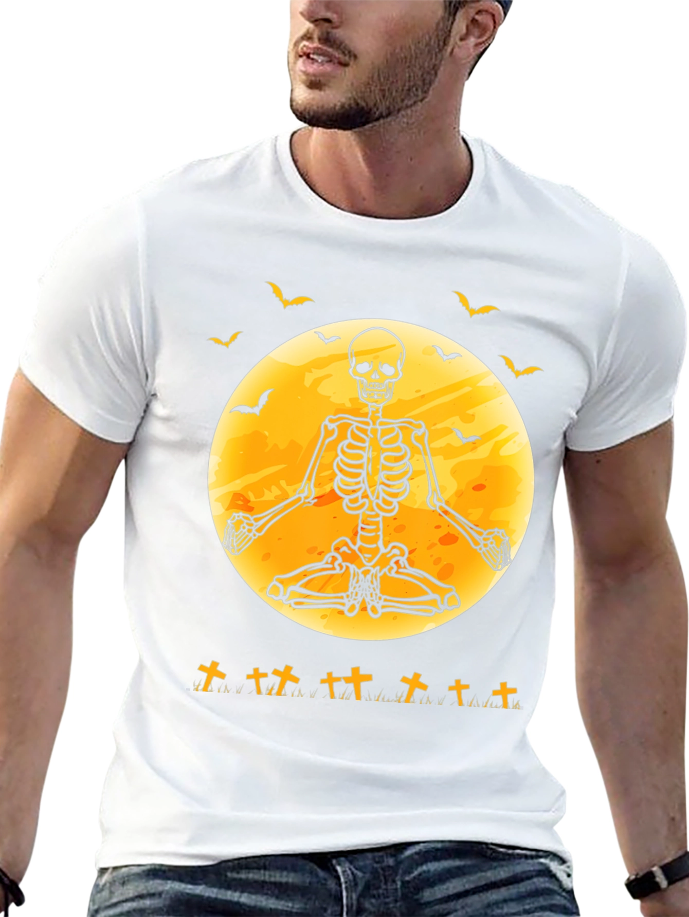 Halloween Skeleton Yoga Moon Black T-Shirt