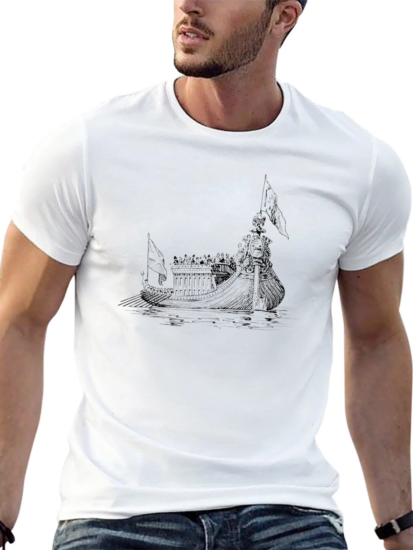 Ancient Ship Graphic Tee - Black Cotton T-Shirt