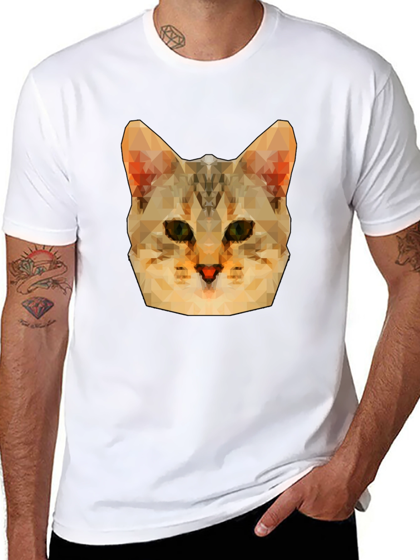 Geometric Cat Head Graphic Print Black T-Shirt