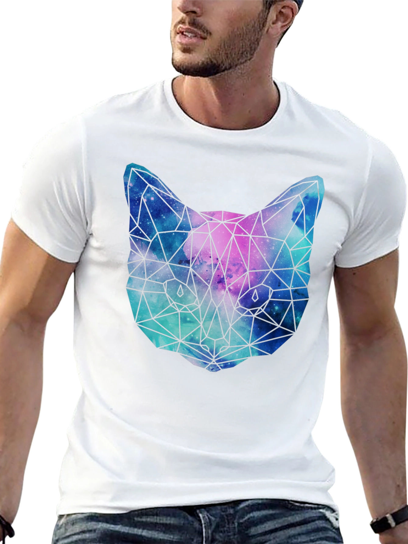 Geometric Galaxy Cat T-Shirt - Unisex Black Tee