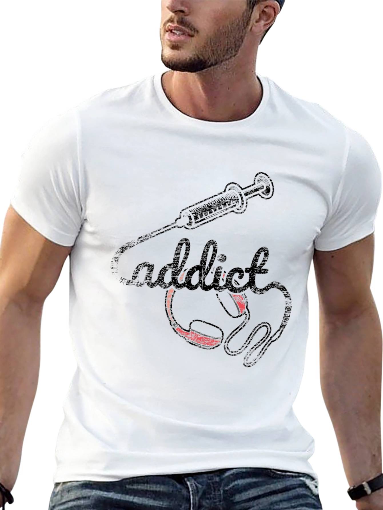 Addict Black T-Shirt with Syringe and Headphone Graphic