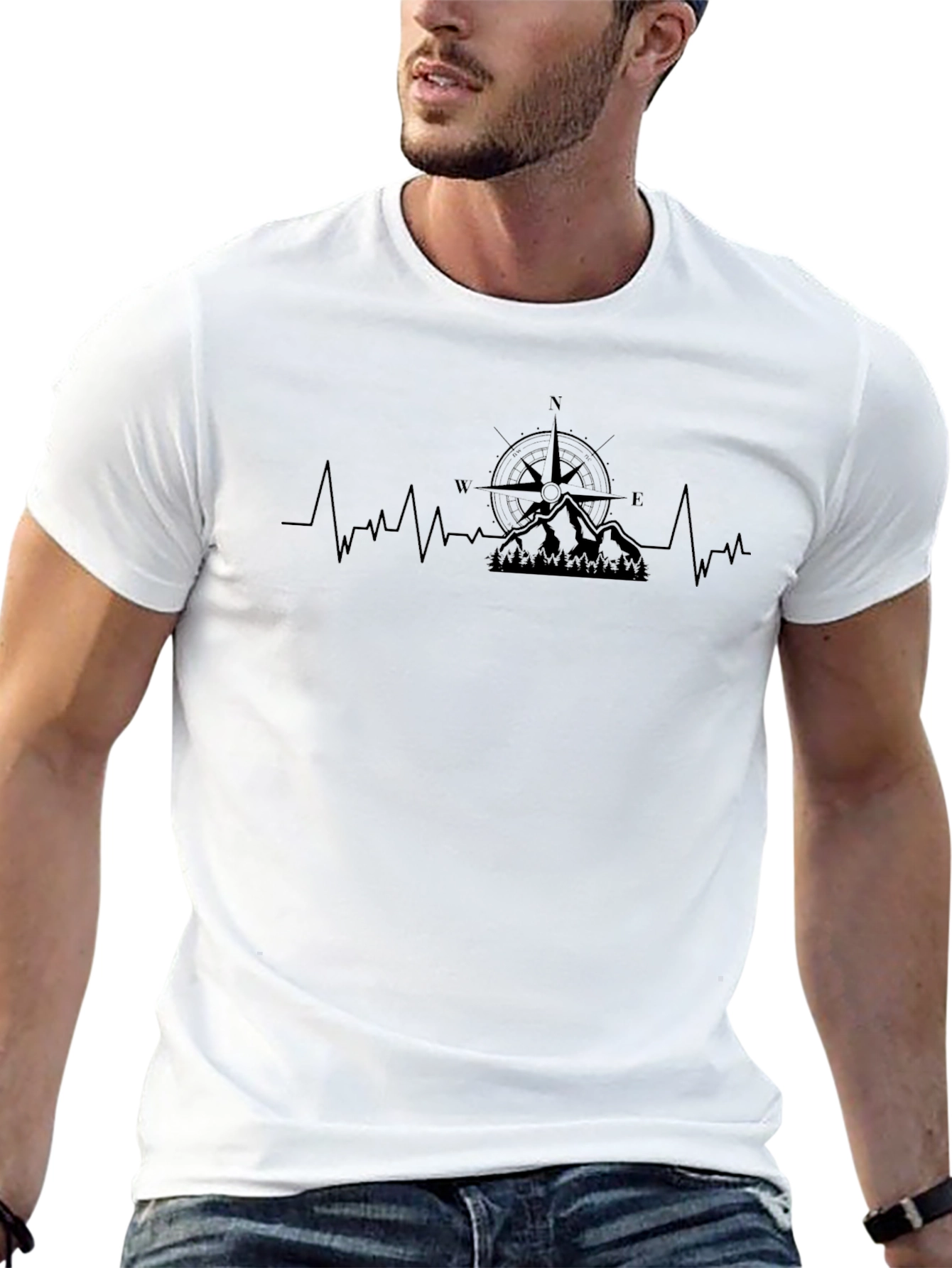 Adventure Compass & Mountain Heartbeat Black T-Shirt