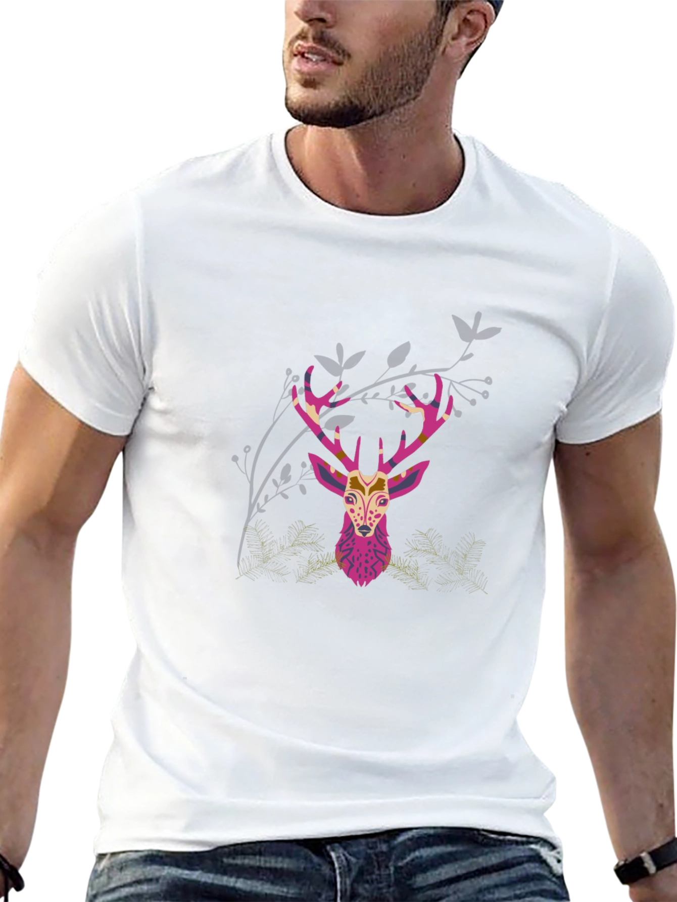 Geometric Deer Head Graphic Print Black T-Shirt