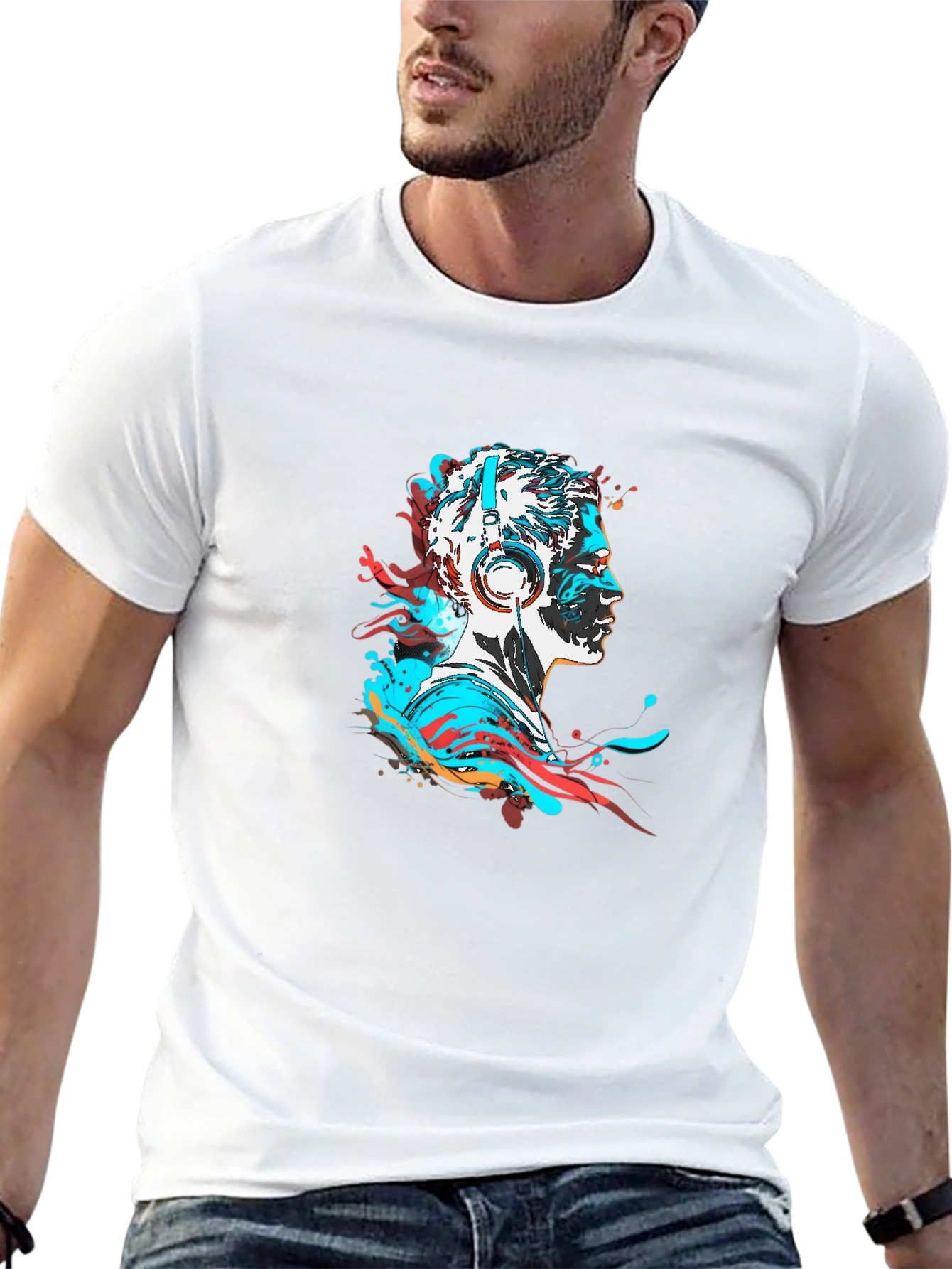 Abstract Man with Headphones Black T-Shirt