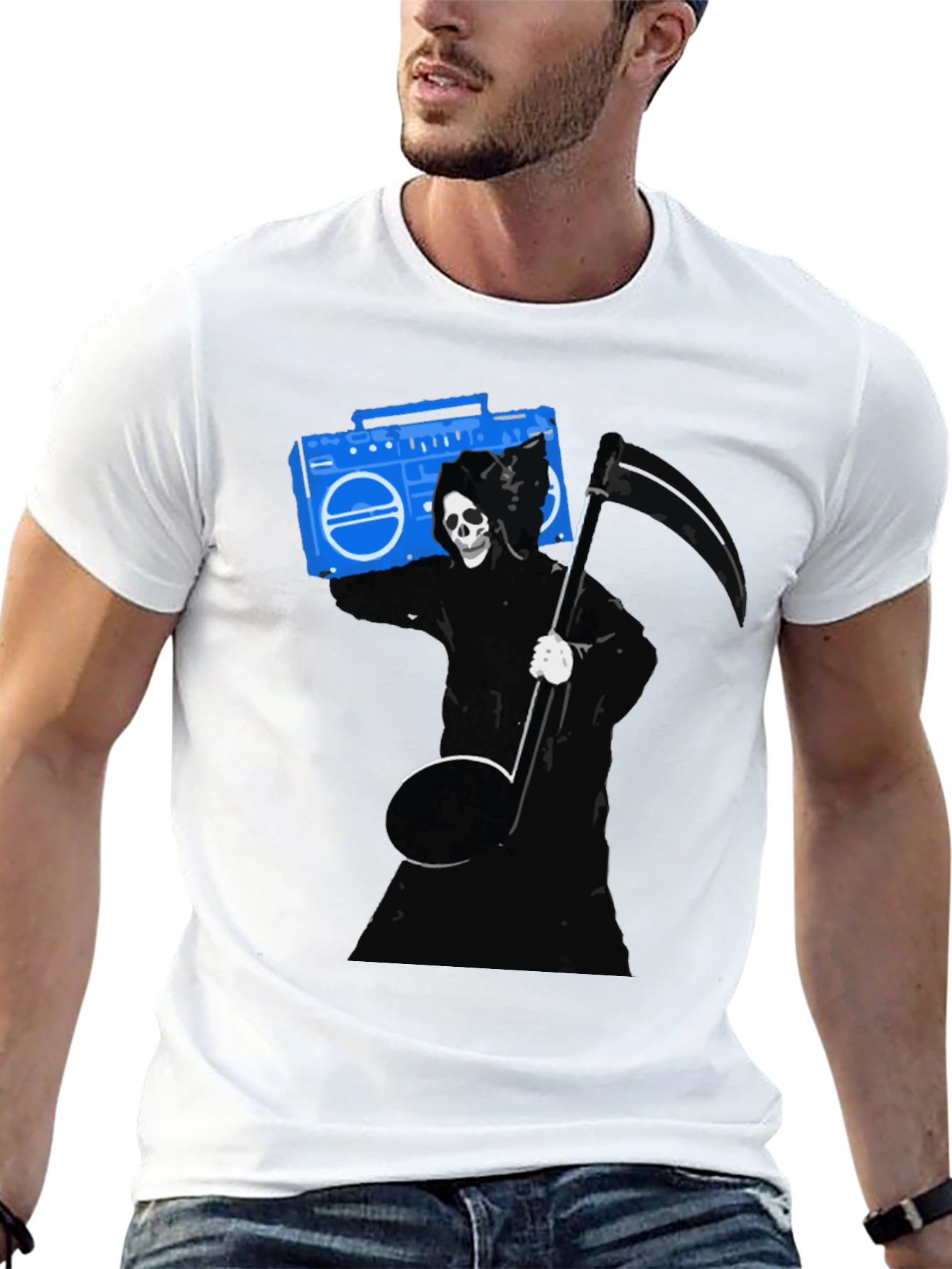 Grim Reaper Boombox Graphic Tee - Black Cotton