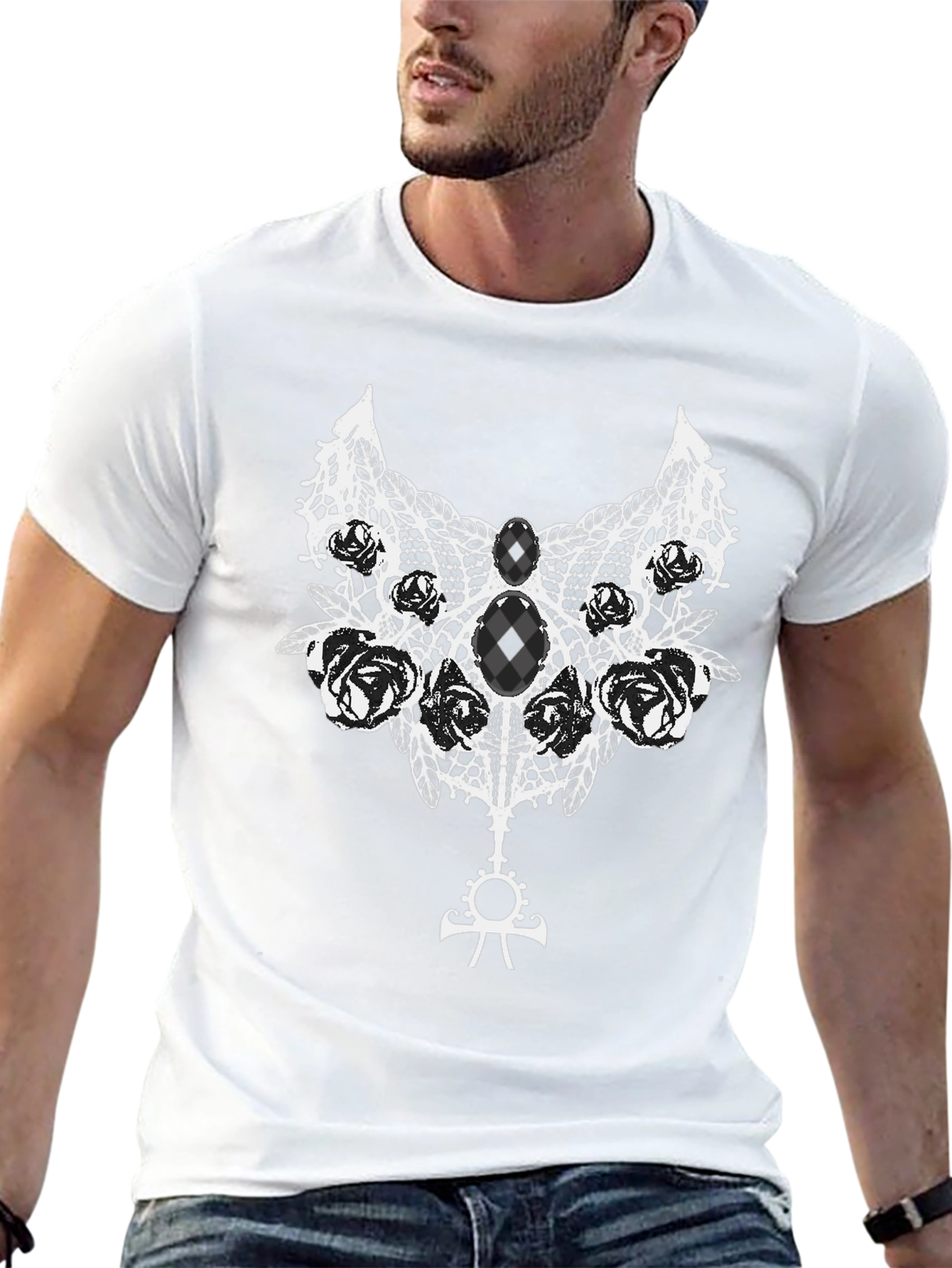 Gothic Rose Lace Ankh Symbol Black T-Shirt