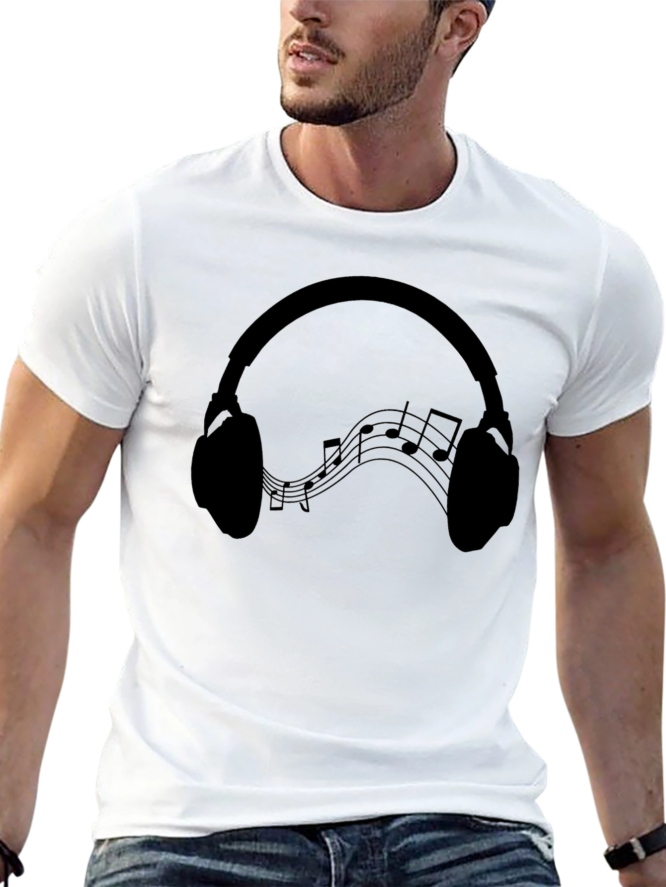 Headphones Music Notes Graphic Tee - Black Cotton Blend