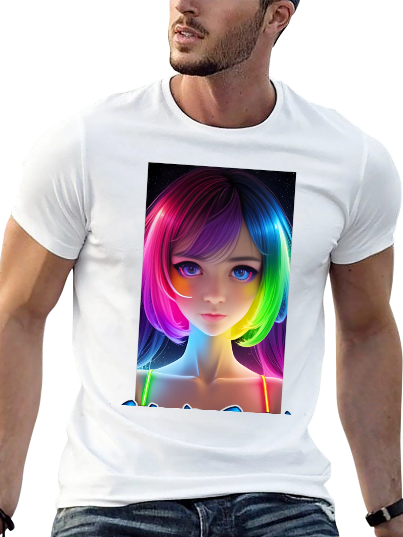 Anime Girl Rainbow Hair Black T-Shirt