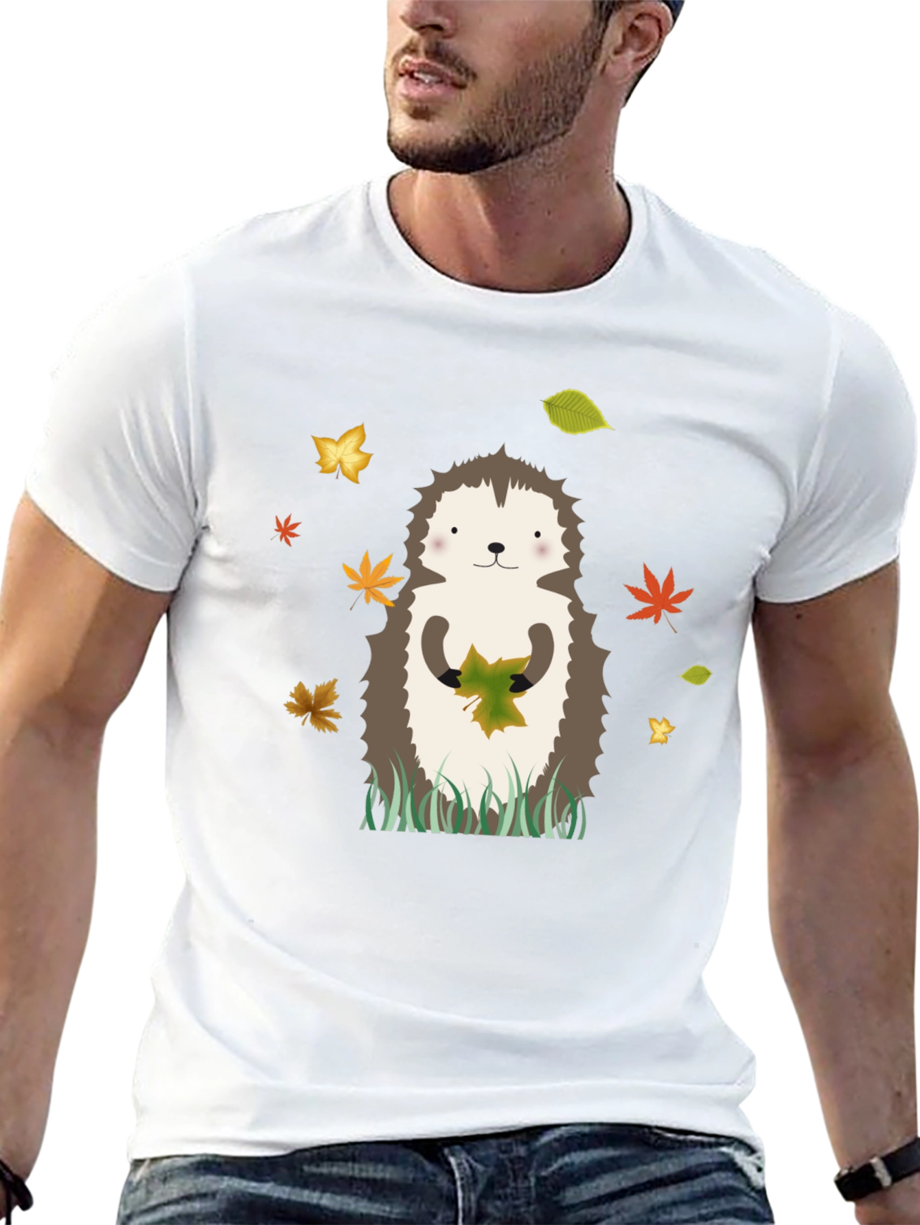 Hedgehog Autumn Leaves Graphic Tee - Black