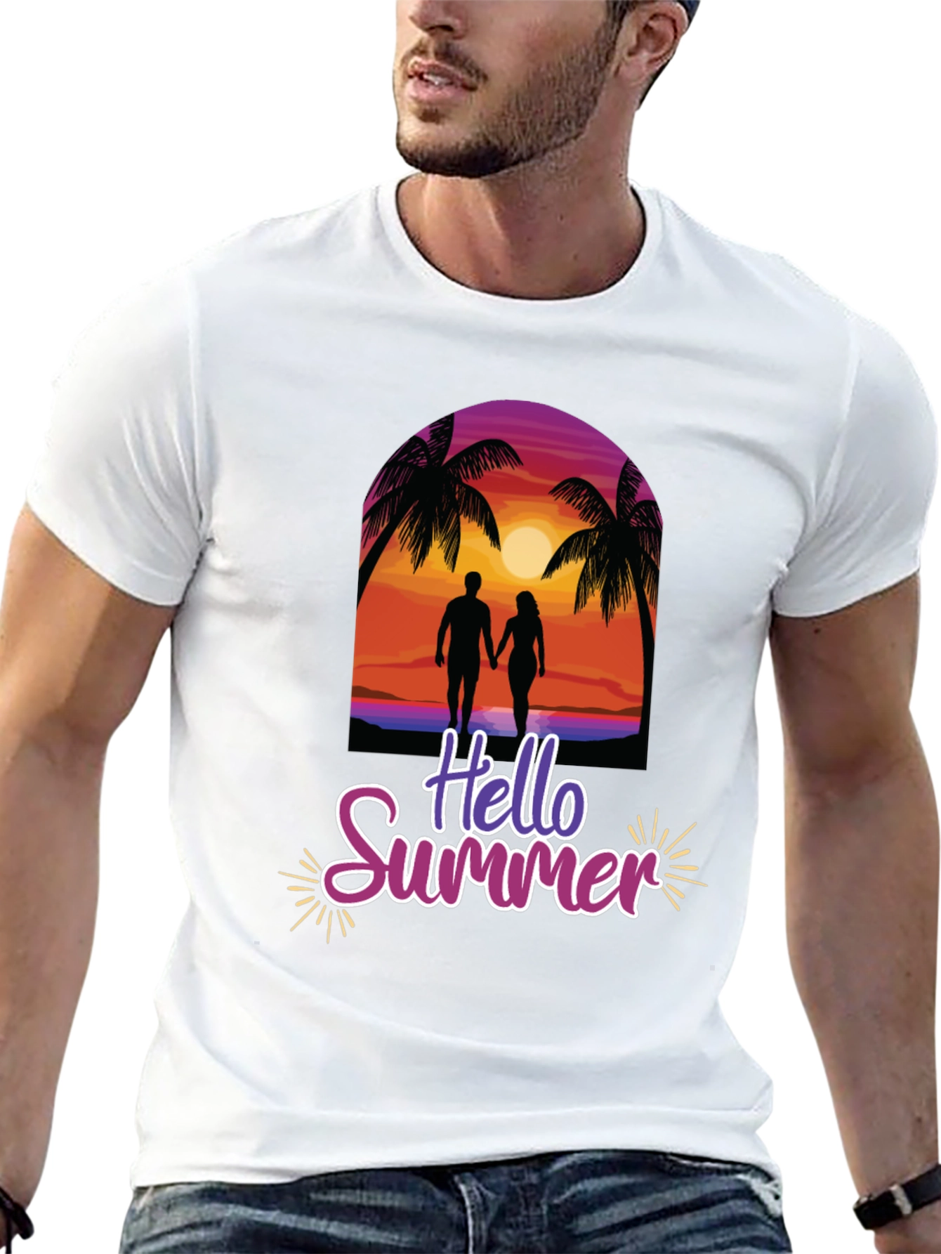 Hello Summer Graphic Tee - Beach Sunset Design