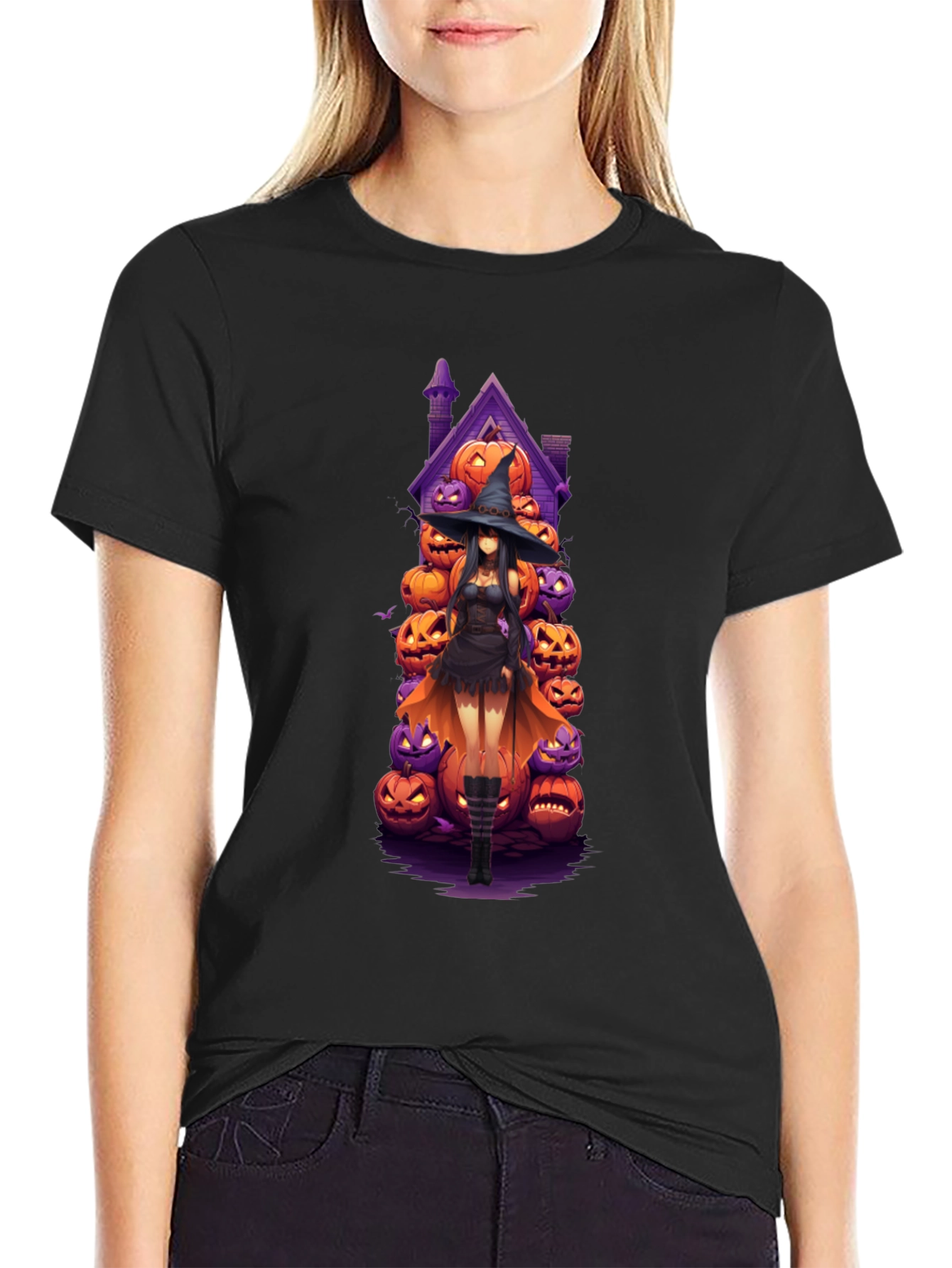 Halloween Witch Pumpkin House Black T-Shirt