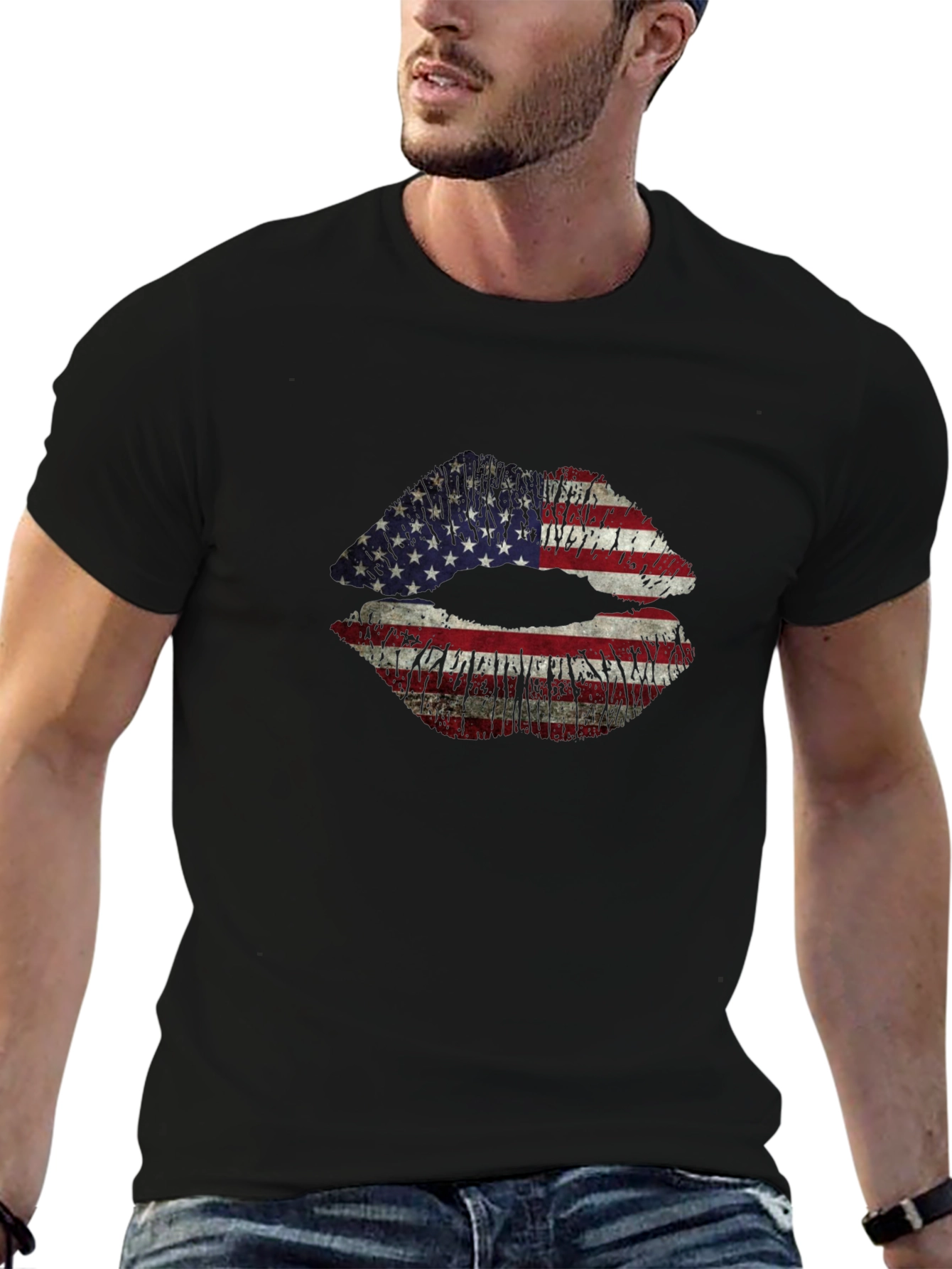American Flag Lips Graphic T-Shirt - Black