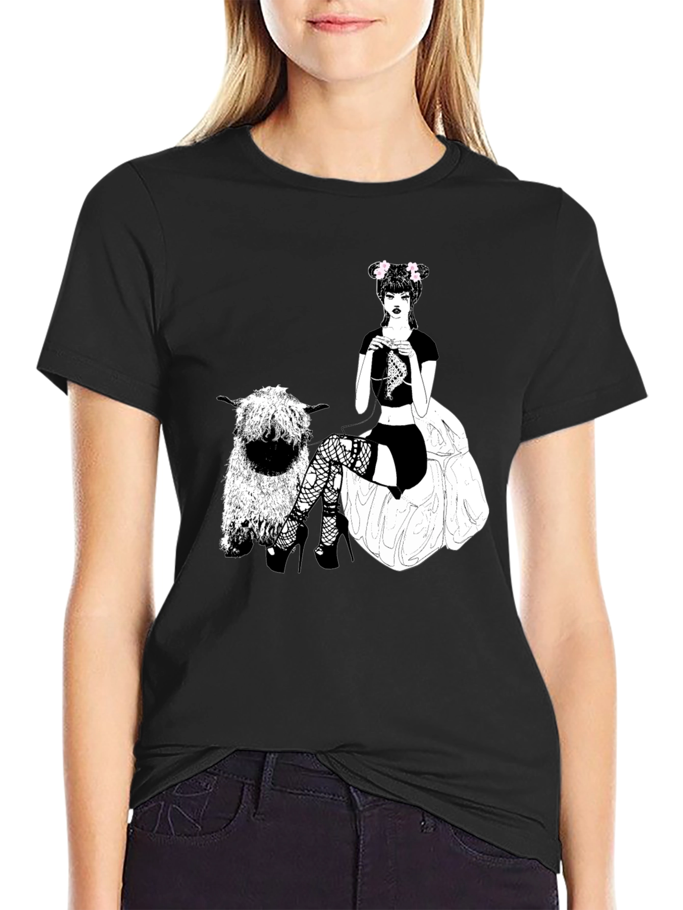 Gothic Girl Knitting Tee - Quirky Sheep Graphic T-Shirt