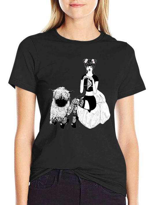 Gothic Girl Knitting Tee - Quirky Sheep Graphic T-Shirt