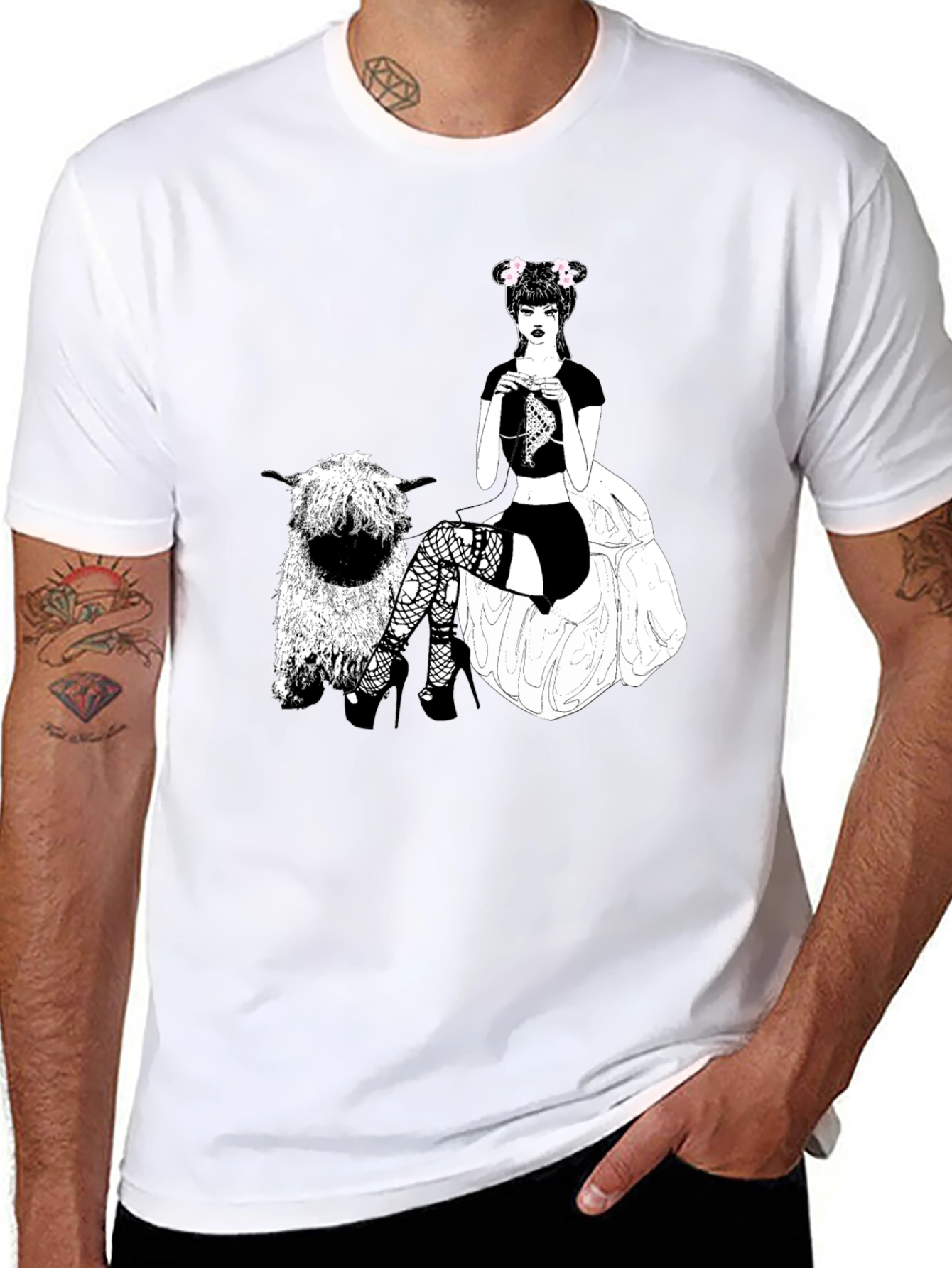 Gothic Girl Knitting Tee - Quirky Sheep Graphic T-Shirt