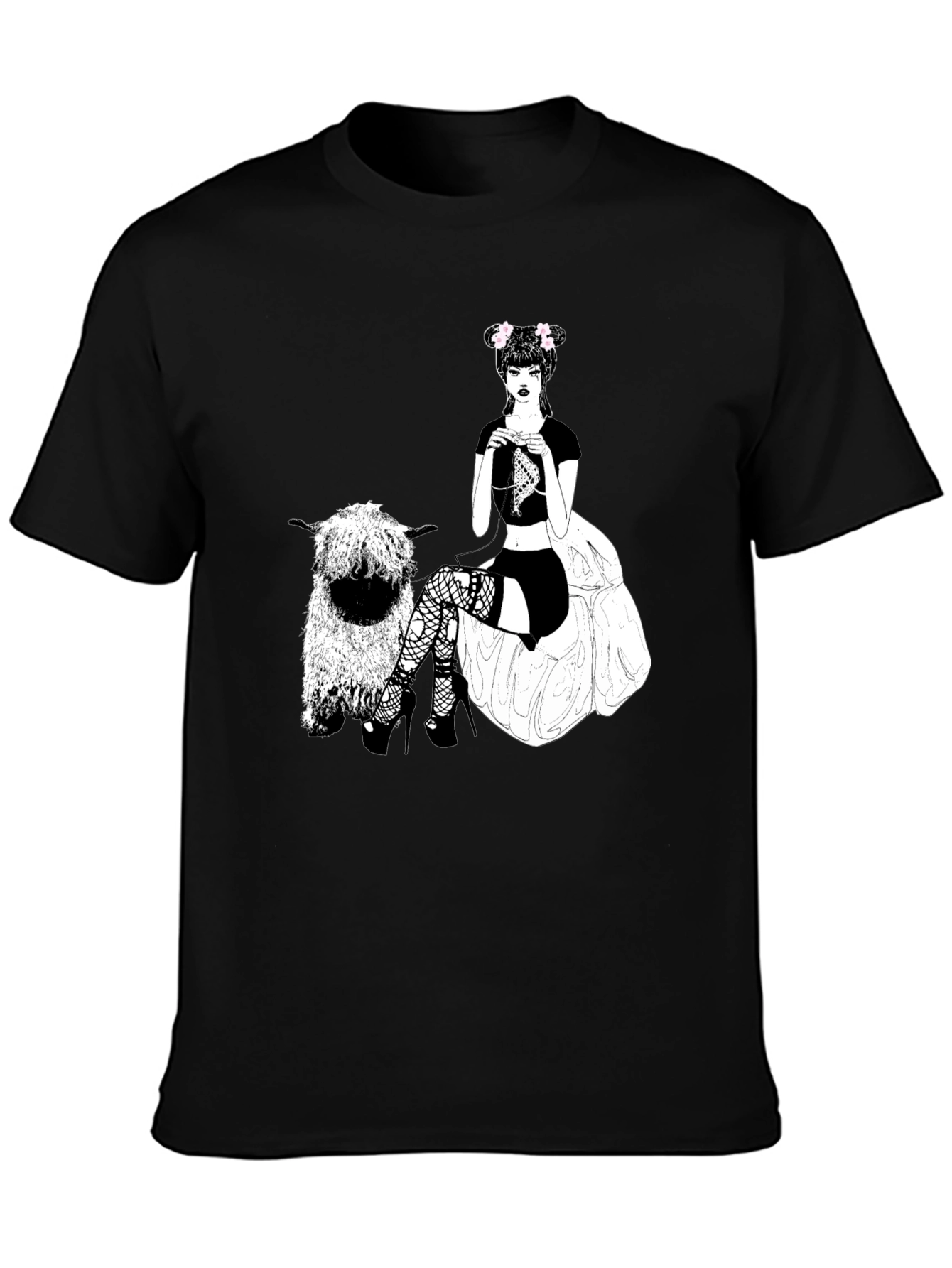 Gothic Girl Knitting Tee - Quirky Sheep Graphic T-Shirt
