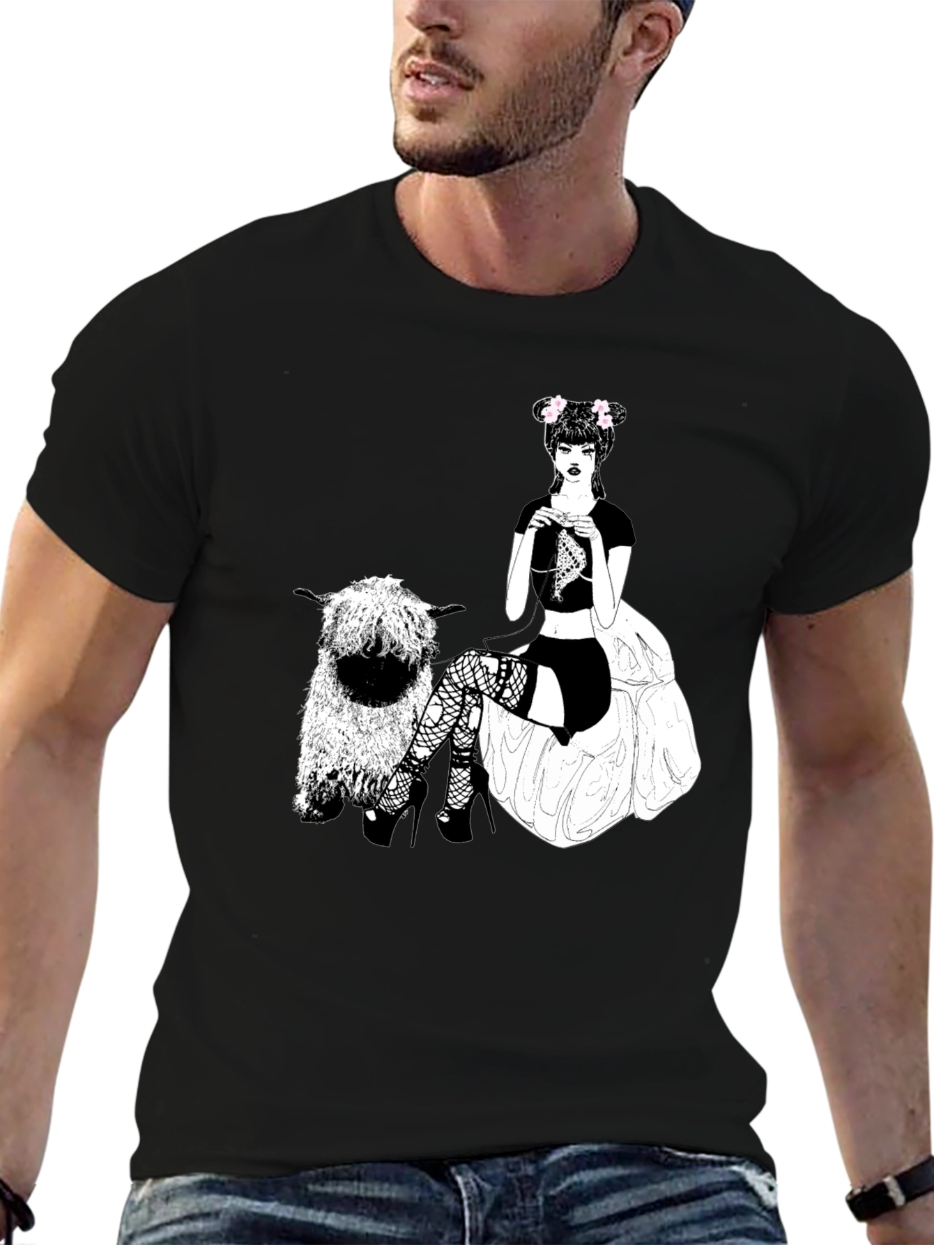 Gothic Girl Knitting Tee - Quirky Sheep Graphic T-Shirt