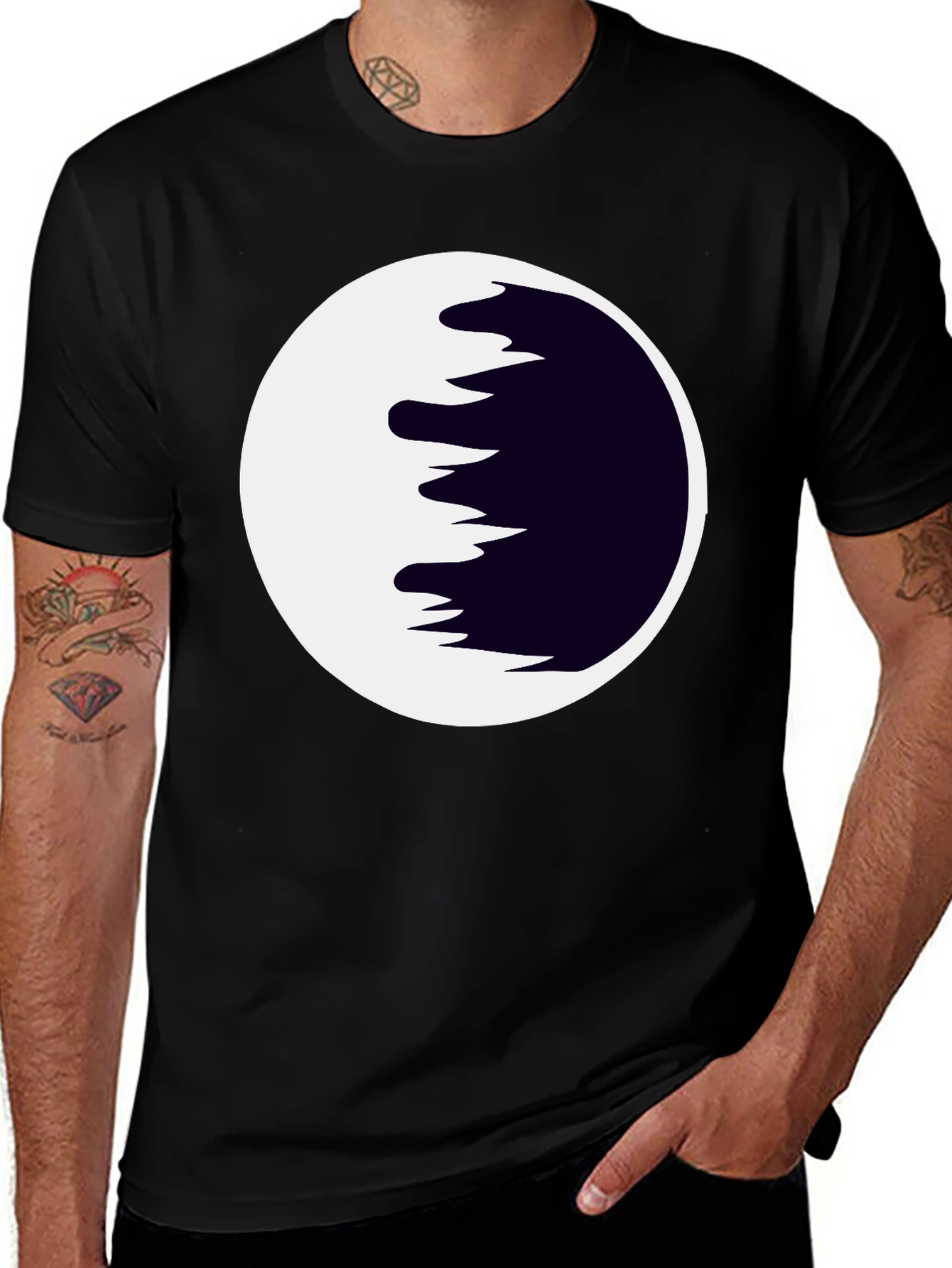 Abstract Moon Graphic Tee - Black Cotton Casual Shirt