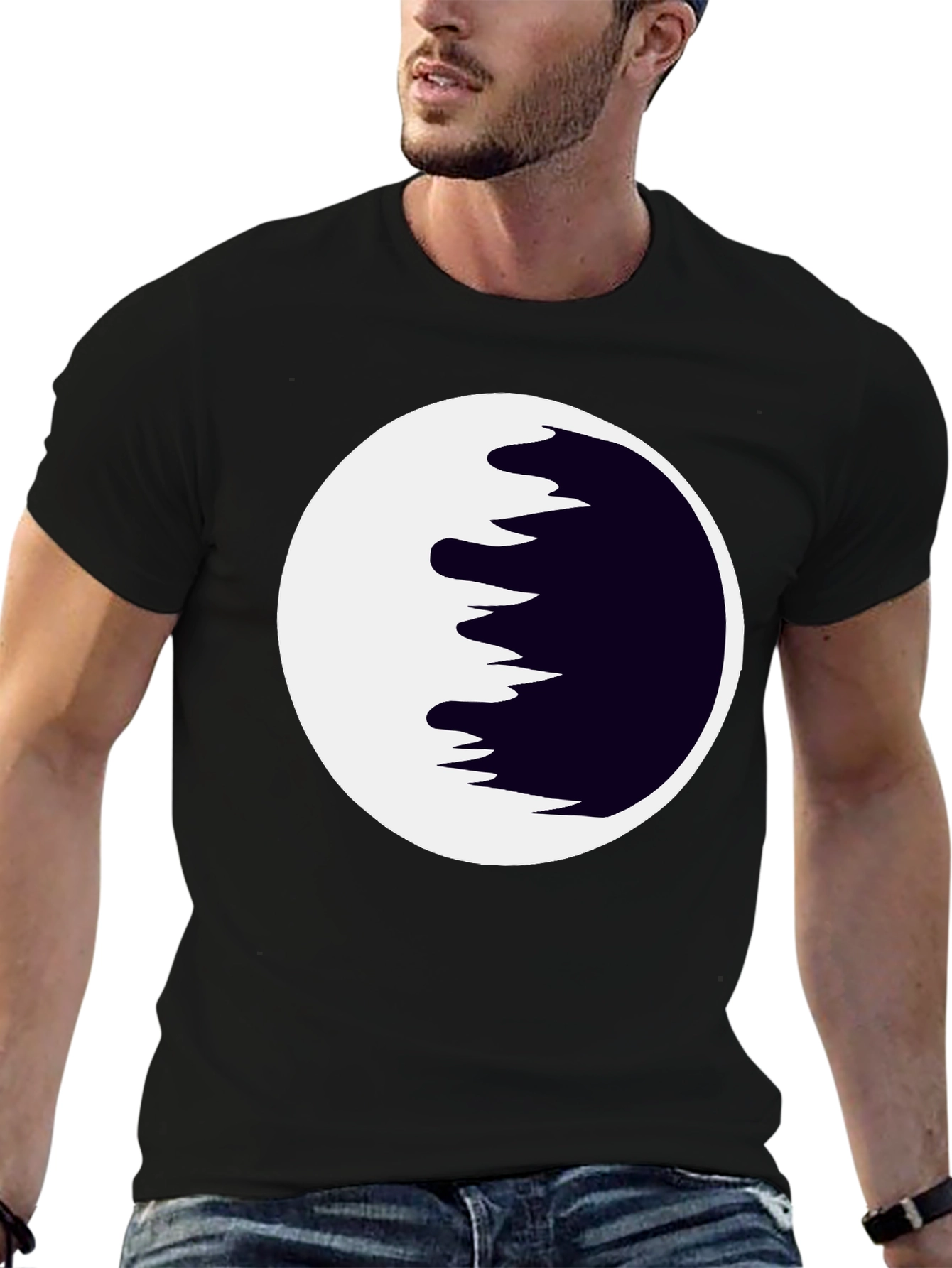 Abstract Moon Graphic Tee - Black Cotton Casual Shirt