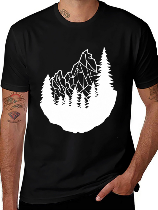Geometric Mountain & Trees Graphic Tee - Black