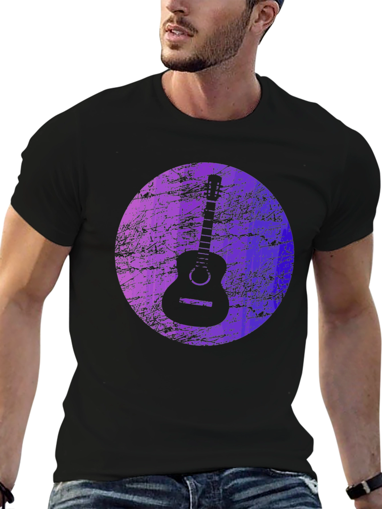 Guitar Graphic Print Black T-Shirt