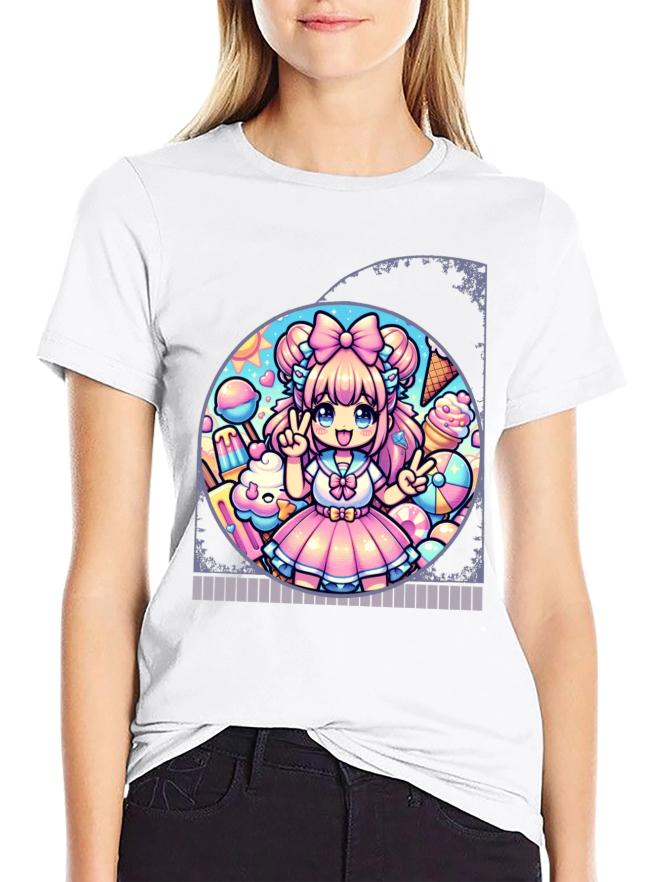 Anime Girl Ice Cream Black T-Shirt
