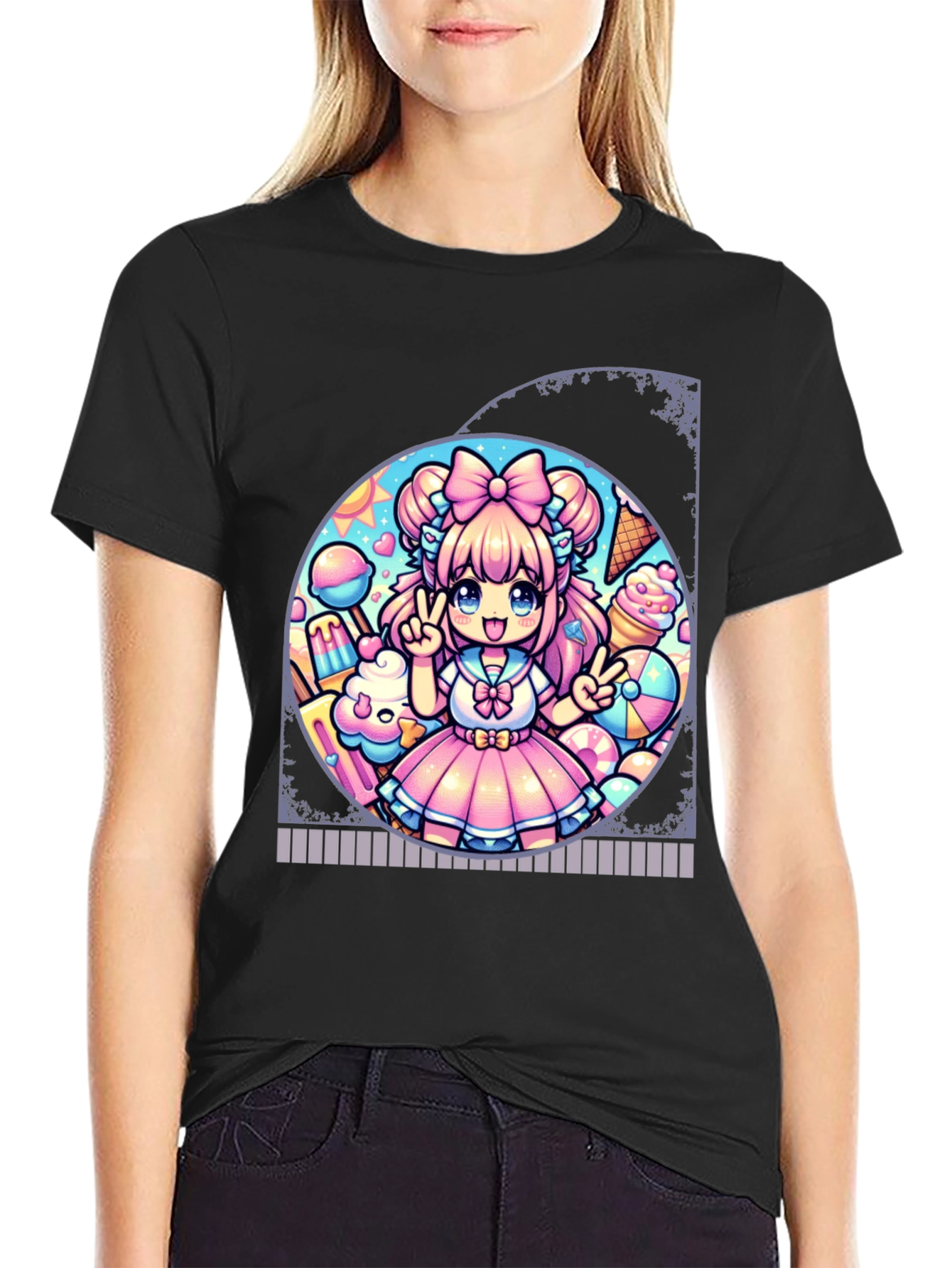 Anime Girl Ice Cream Black T-Shirt