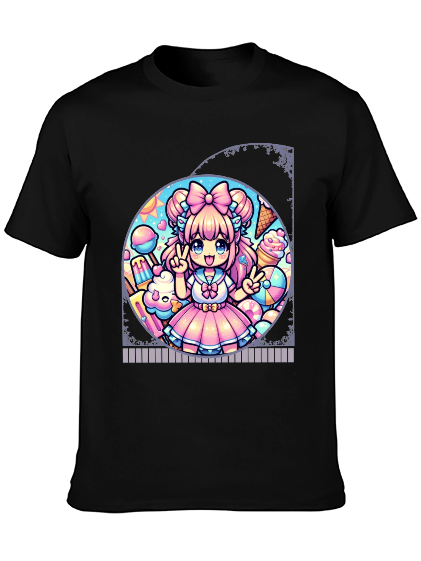 Anime Girl Ice Cream Black T-Shirt