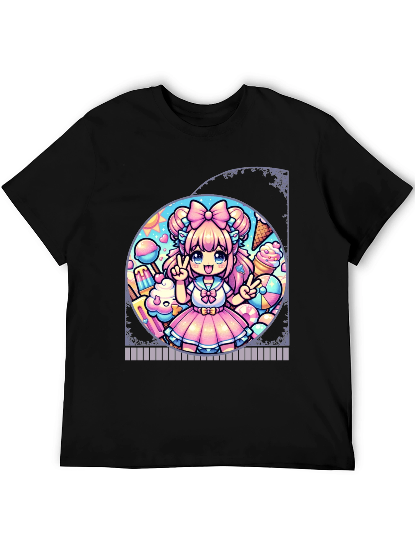 Anime Girl Ice Cream Black T-Shirt