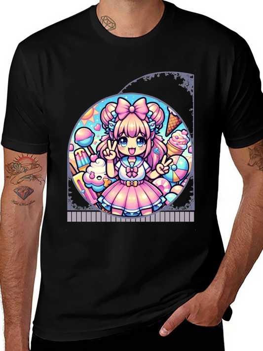 Anime Girl Ice Cream Black T-Shirt
