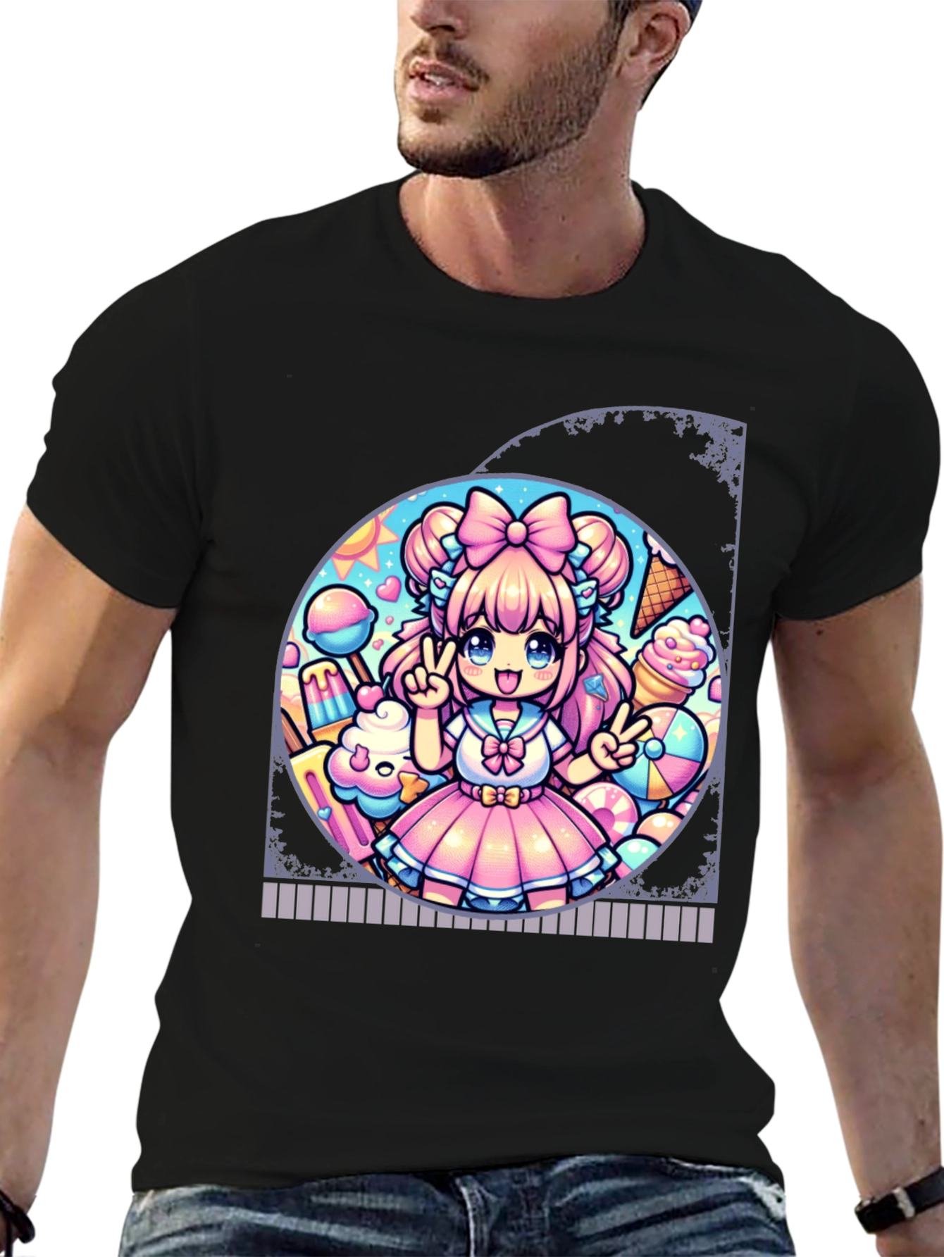 Anime Girl Ice Cream Black T-Shirt
