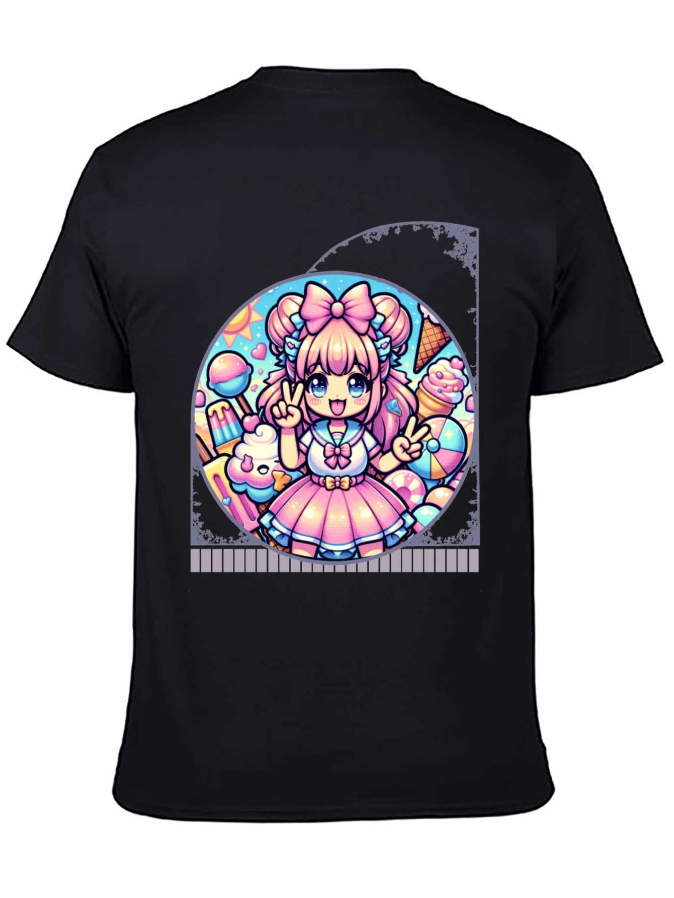 Anime Girl Ice Cream Black T-Shirt
