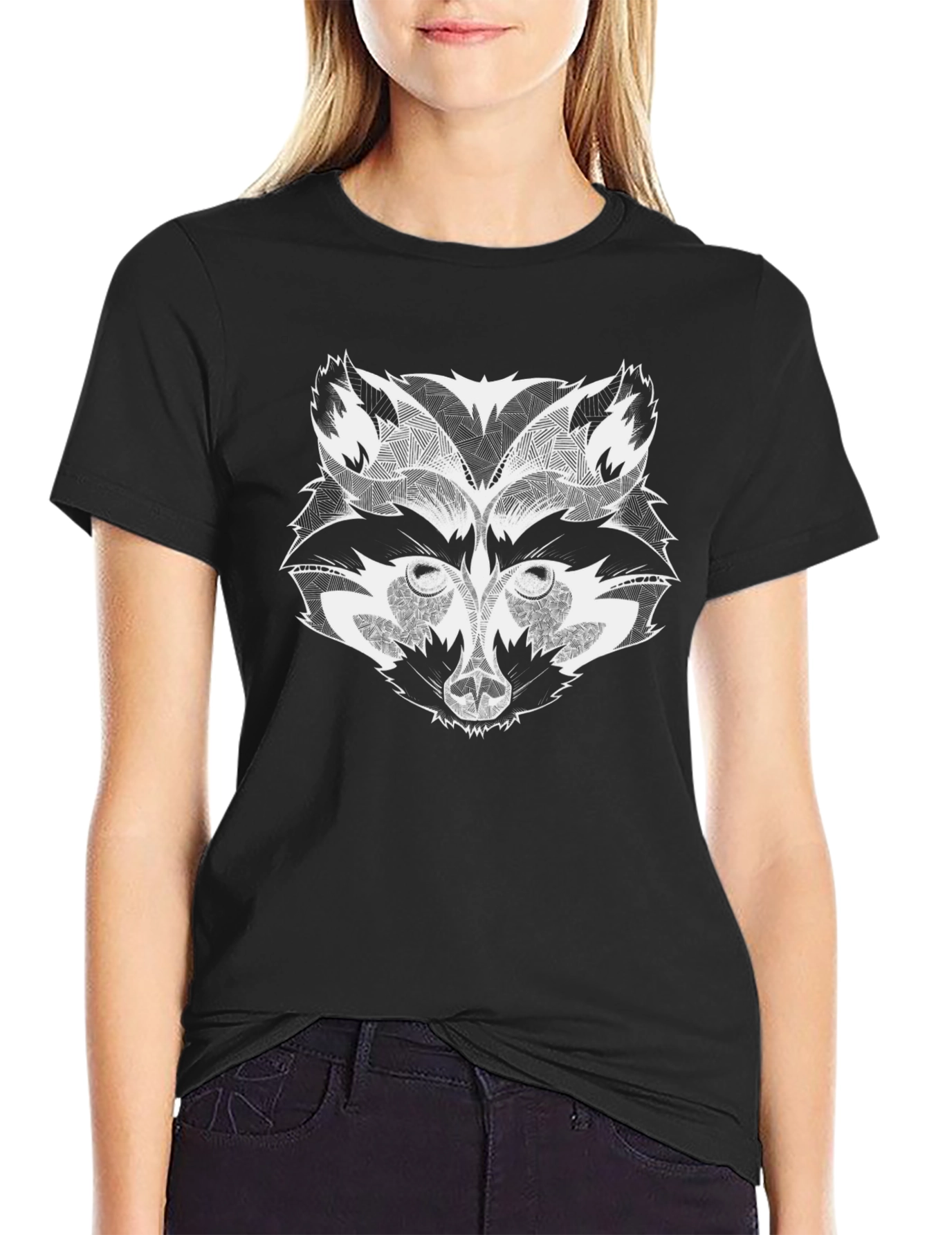 Geometric Raccoon Graphic Tee - Black Cotton Casual