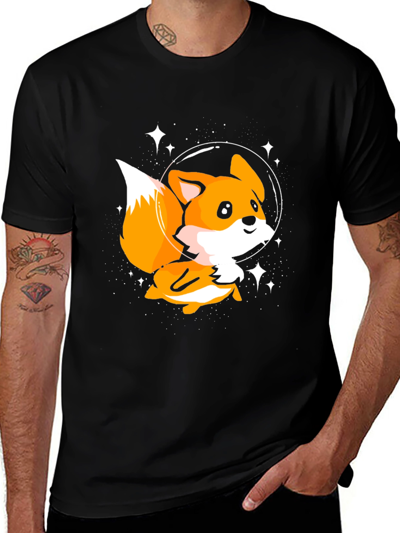 Astronaut Fox Graphic Tee - Black Cotton T-Shirt