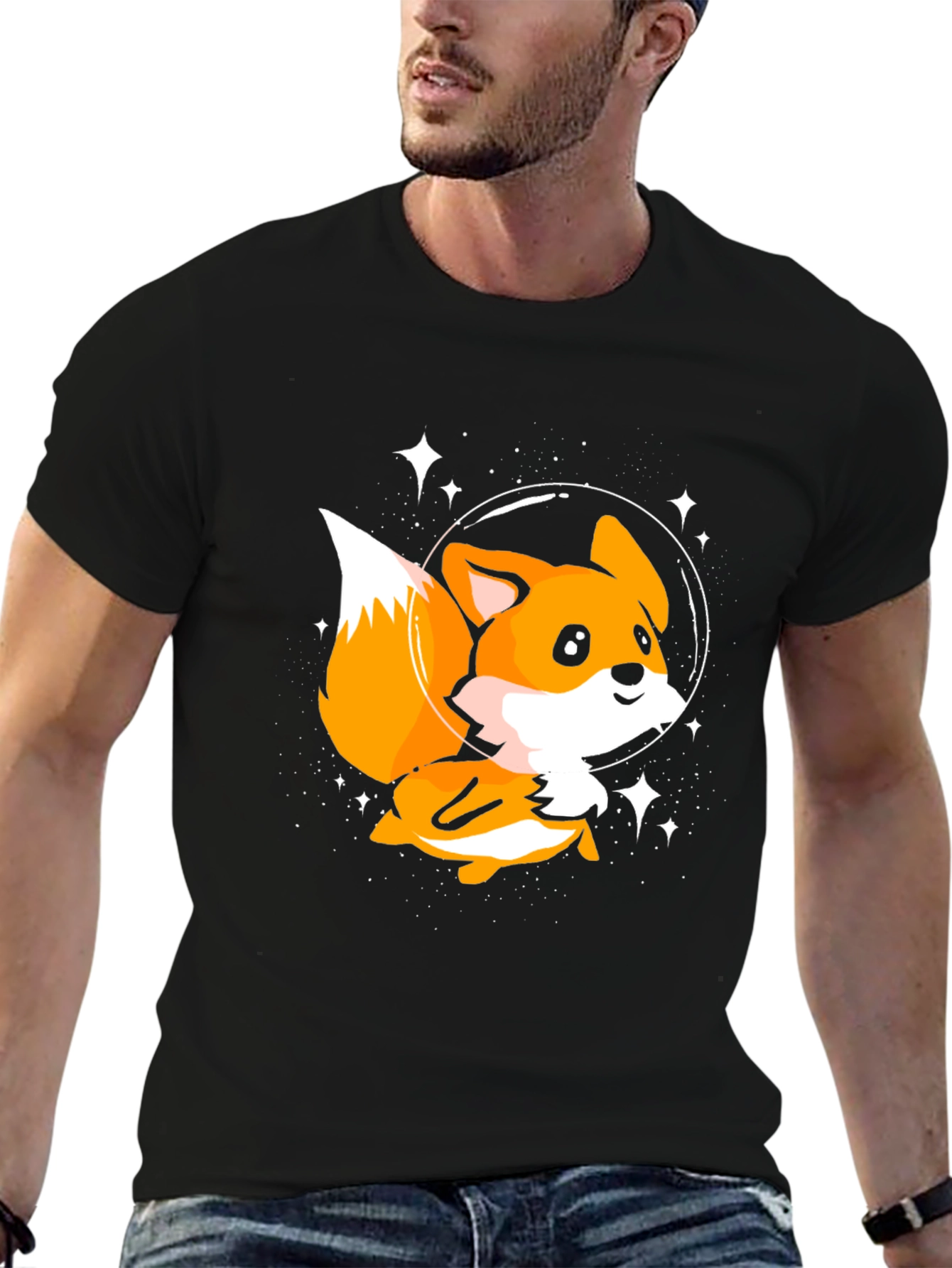 Astronaut Fox Graphic Tee - Black Cotton T-Shirt