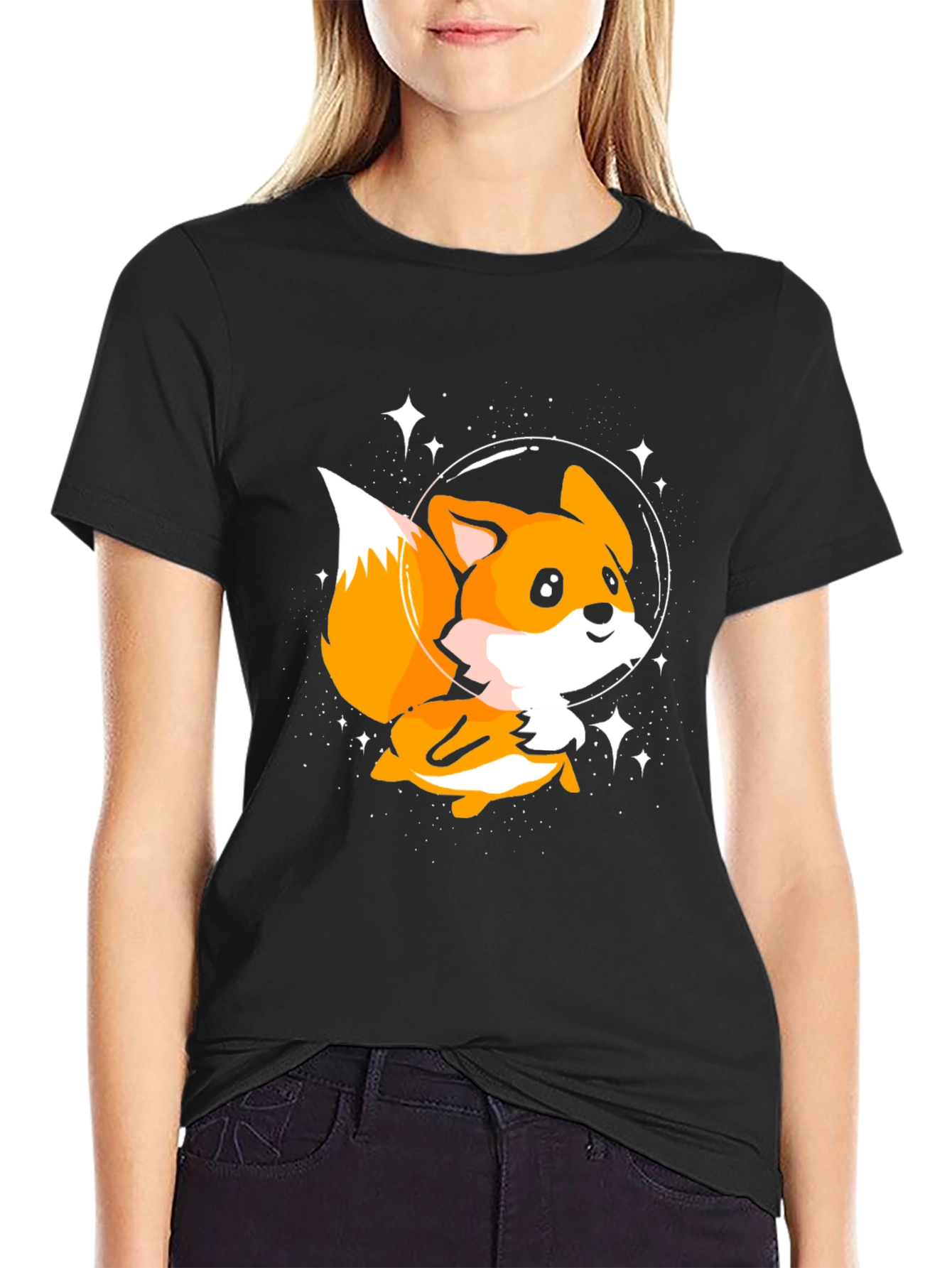 Astronaut Fox Graphic Tee - Black Cotton T-Shirt