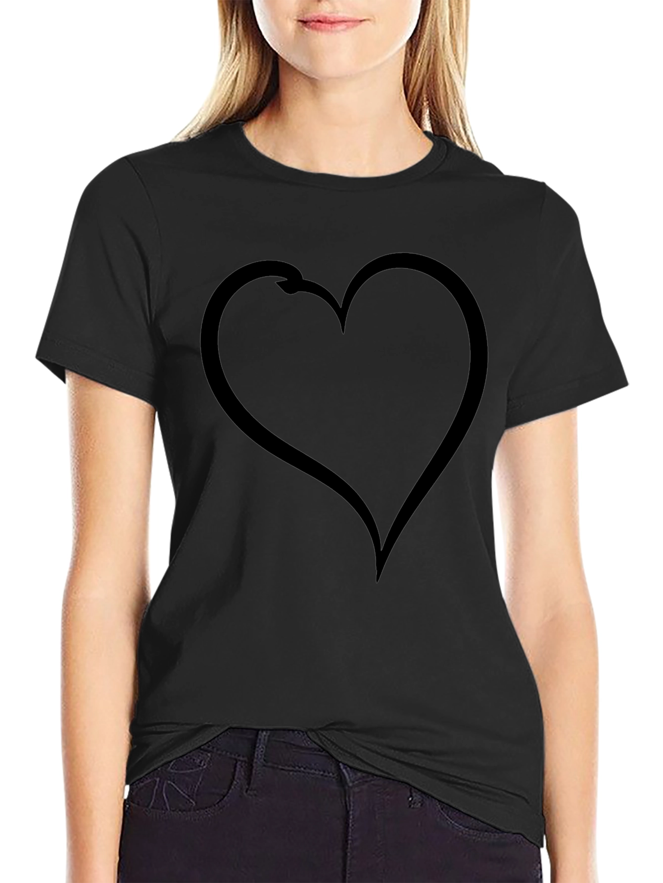Heart Fishing Hook T-Shirt - Black Cotton Graphic Tee