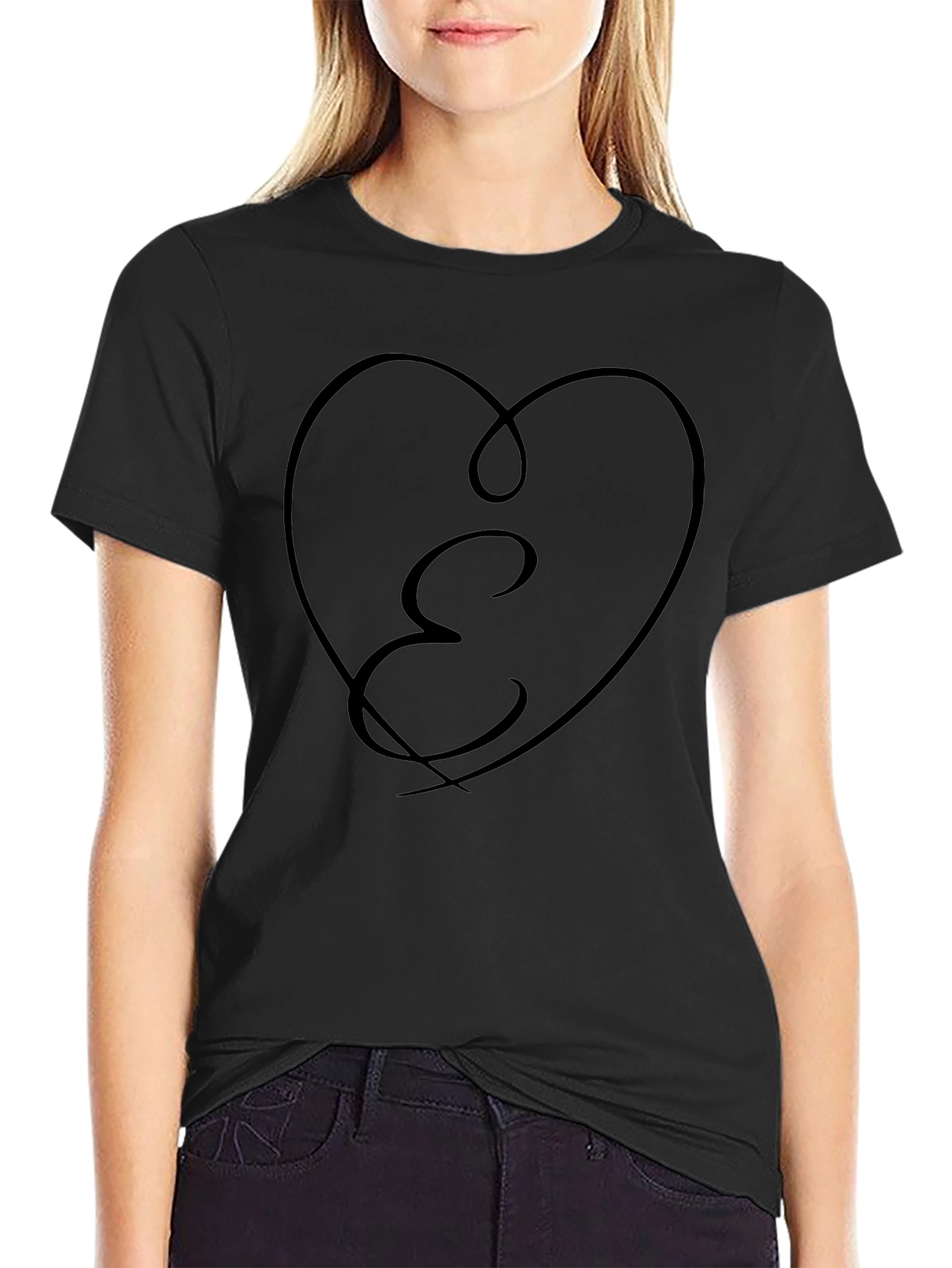 Heart Initial E Black T-Shirt