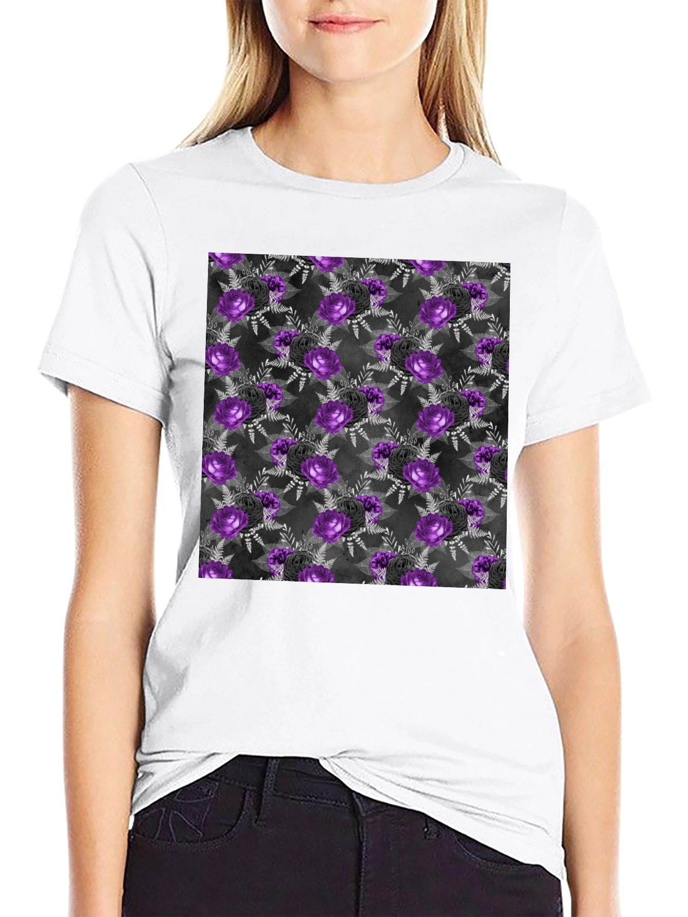 Gothic Floral T-Shirt - Purple & Black Roses