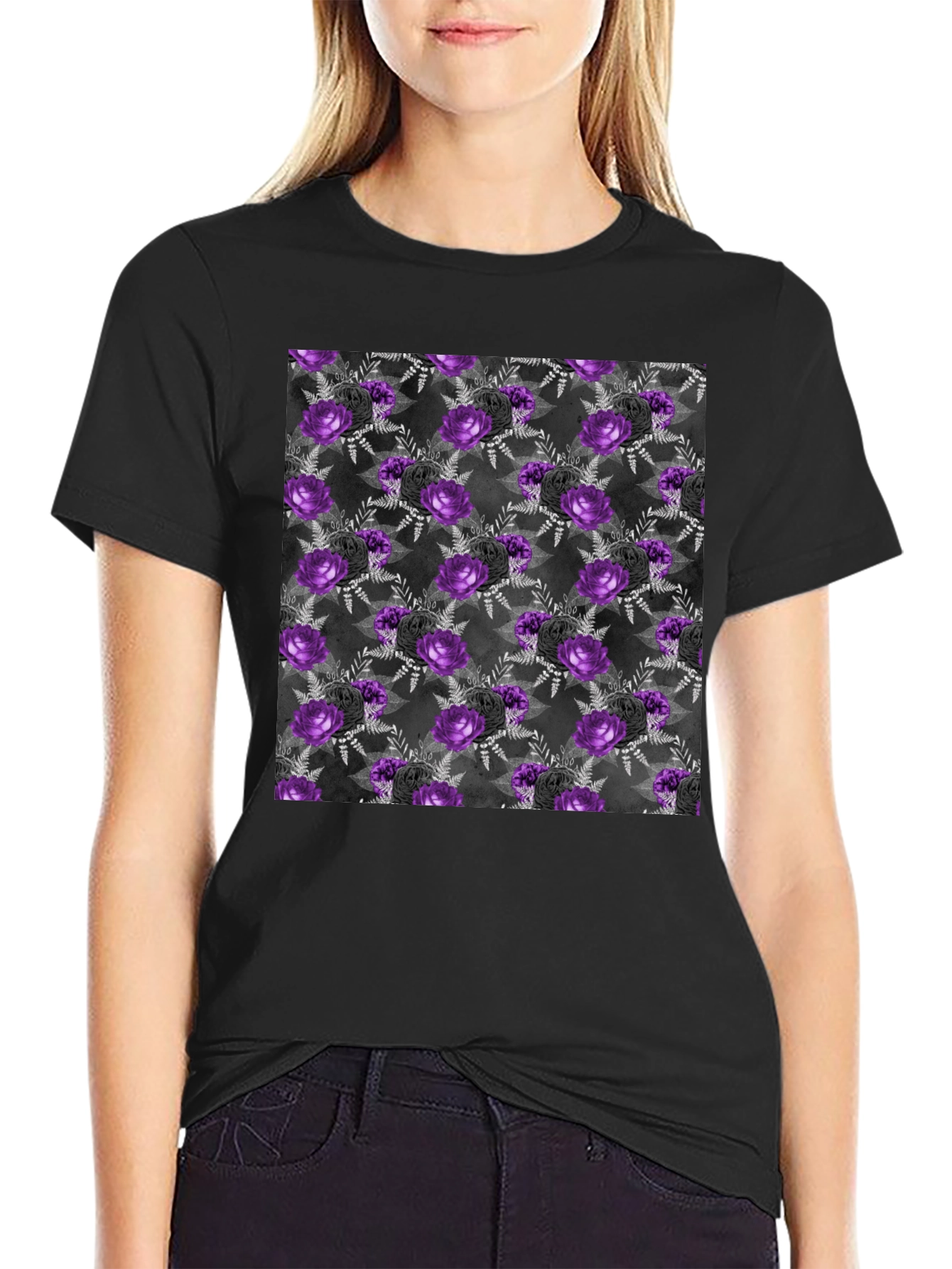 Gothic Floral T-Shirt - Purple & Black Roses