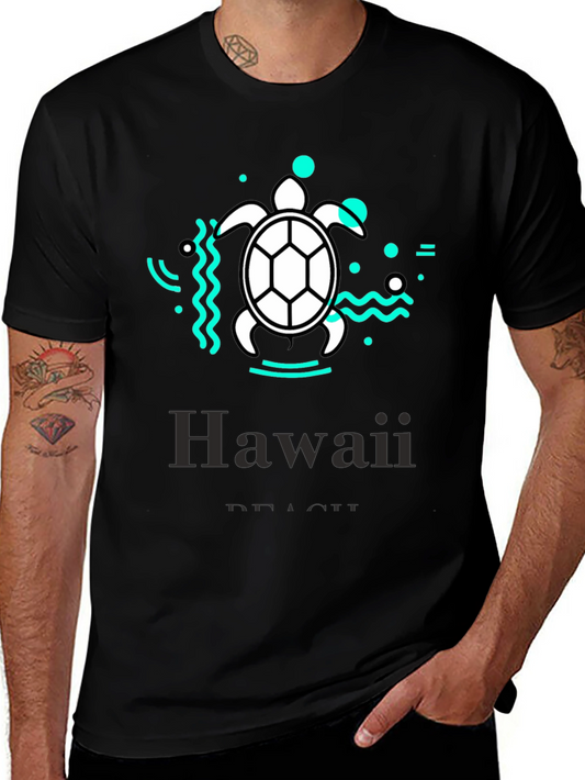 Hawaii Beach Turtle Graphic Tee - Black Cotton T-Shirt