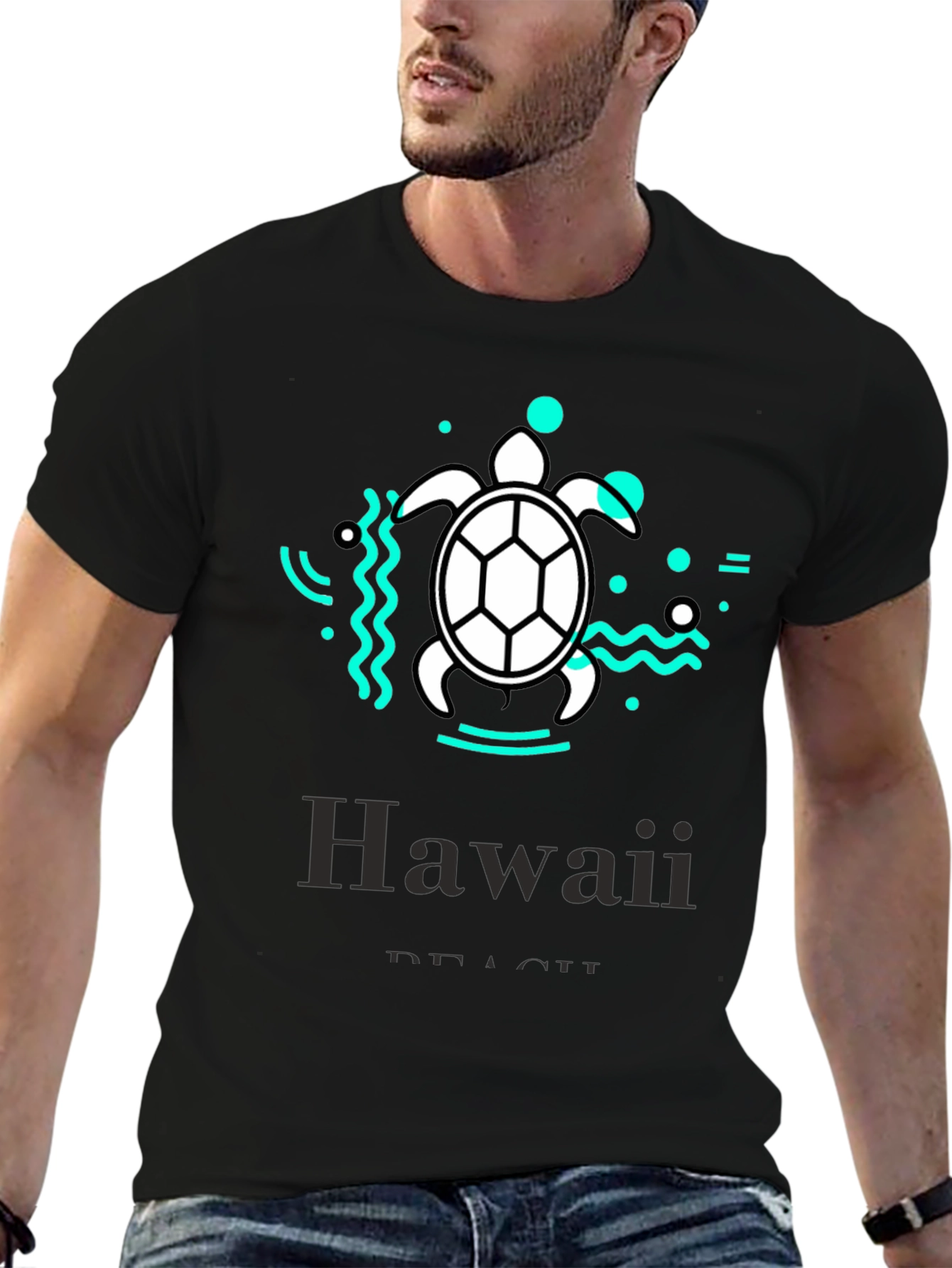 Hawaii Beach Turtle Graphic Tee - Black Cotton T-Shirt