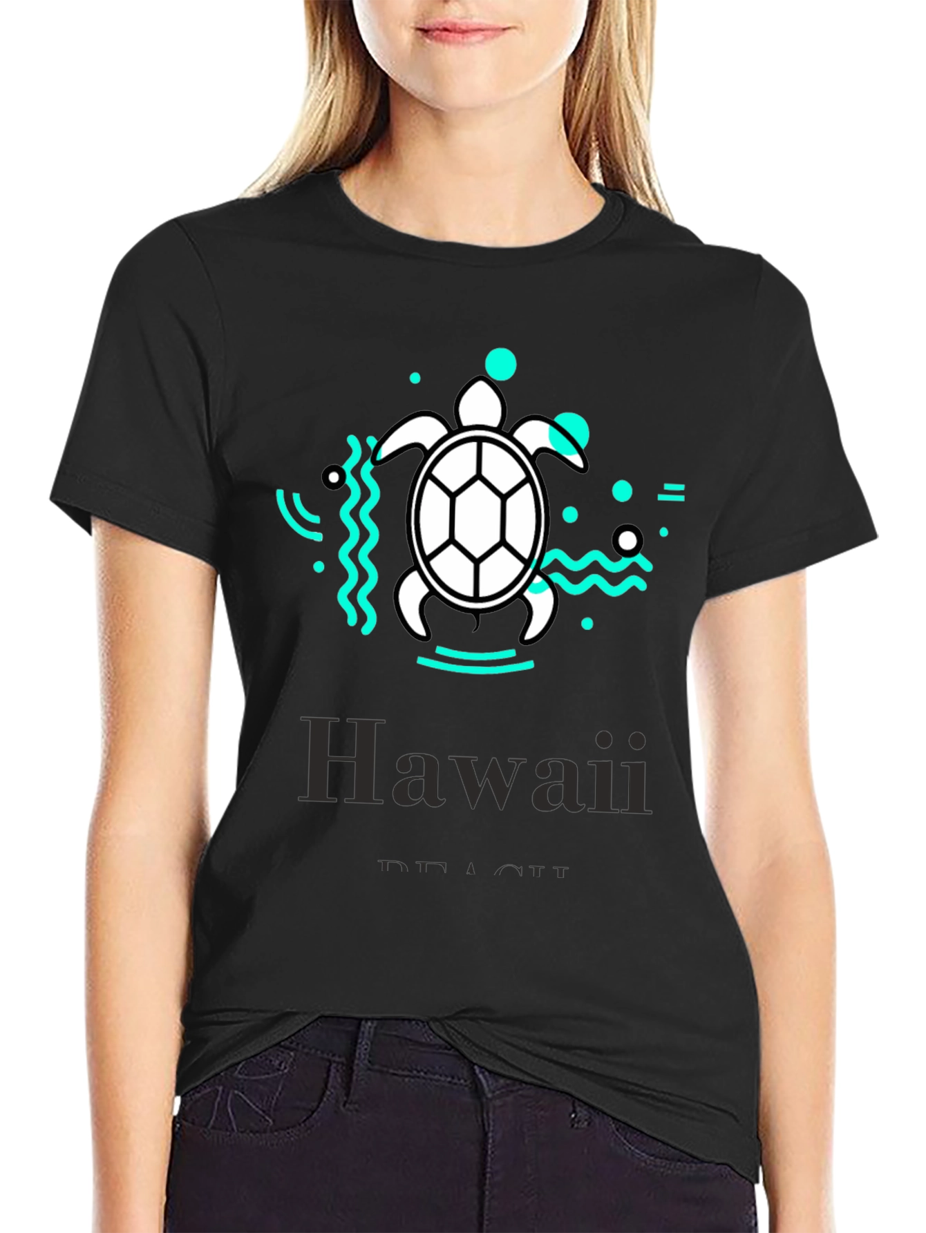 Hawaii Beach Turtle Graphic Tee - Black Cotton T-Shirt