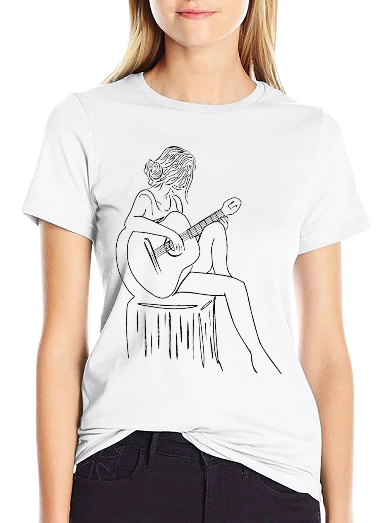 Guitar Girl Line Art Tee - Black