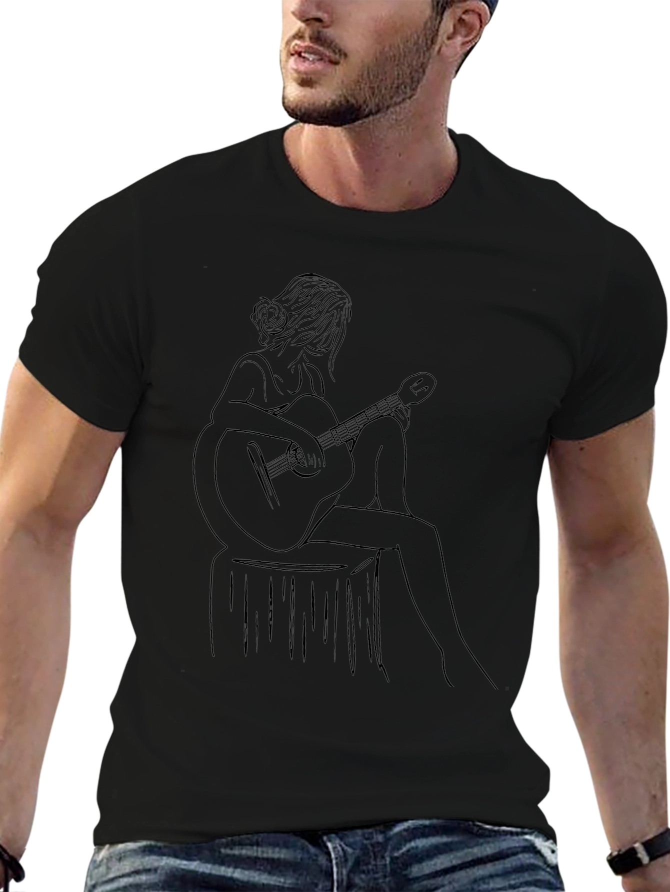 Guitar Girl Line Art Tee - Black