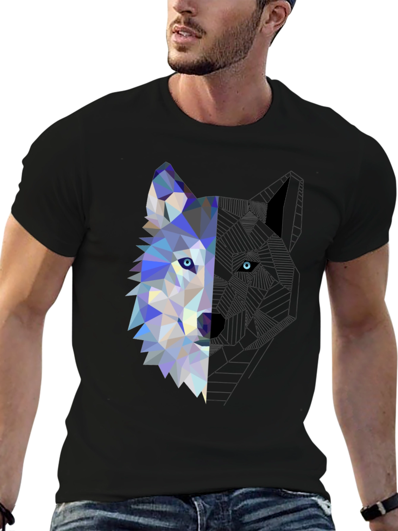 Geometric Wolf Graphic Tee - Modern Mens T-Shirt