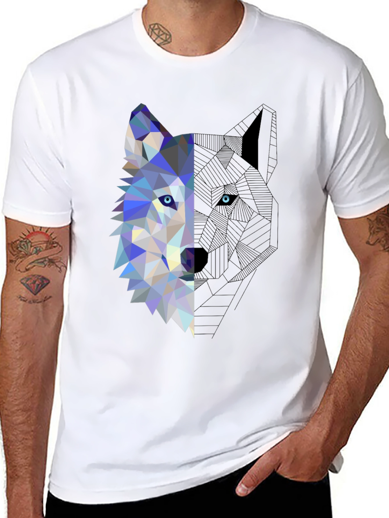 Geometric Wolf Graphic Tee - Modern Mens T-Shirt