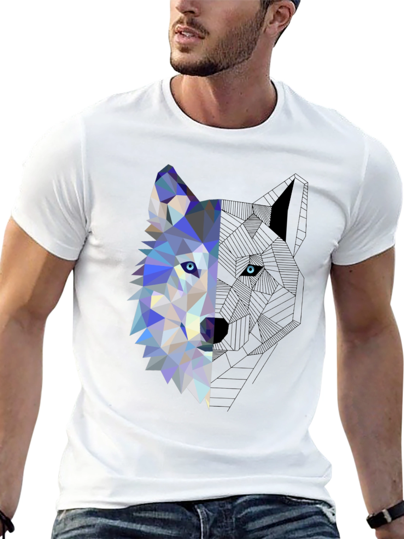 Geometric Wolf Graphic Tee - Modern Mens T-Shirt